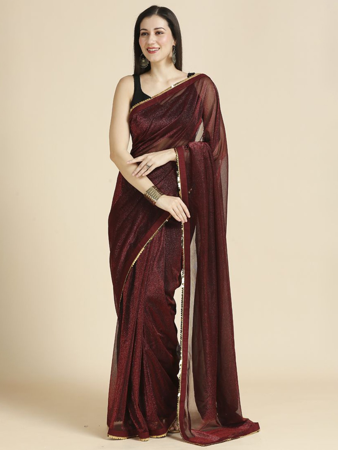 

ASISA Embellished Sequinned Supernet Saree, Maroon