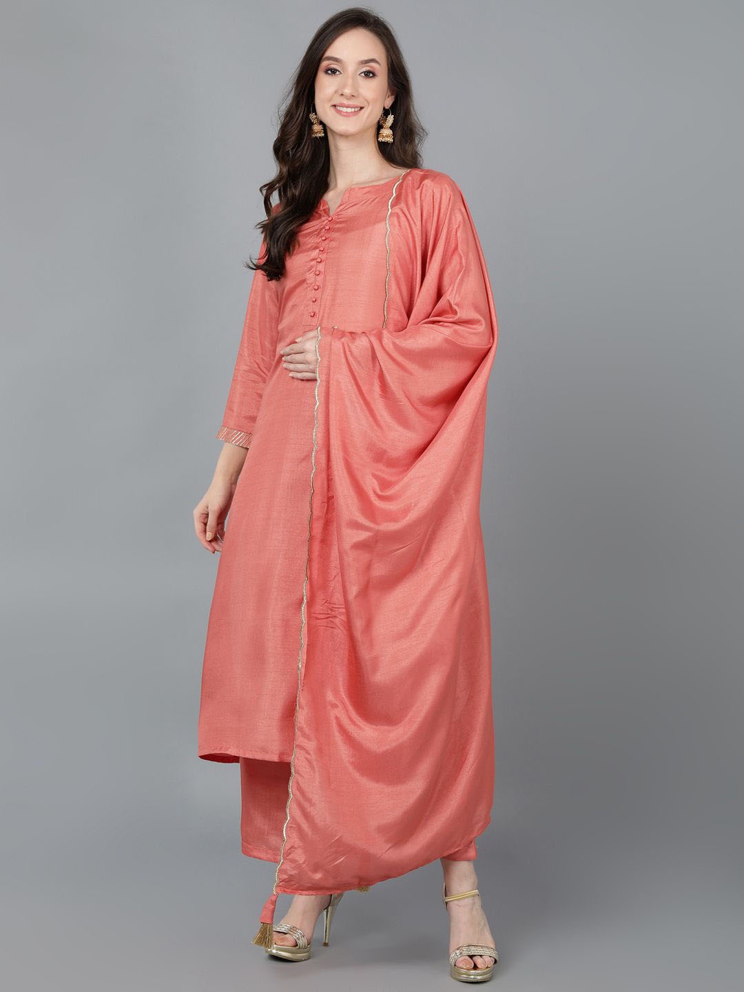 

KALINI Notch Neck Kurta with Trousers & Dupatta, Orange