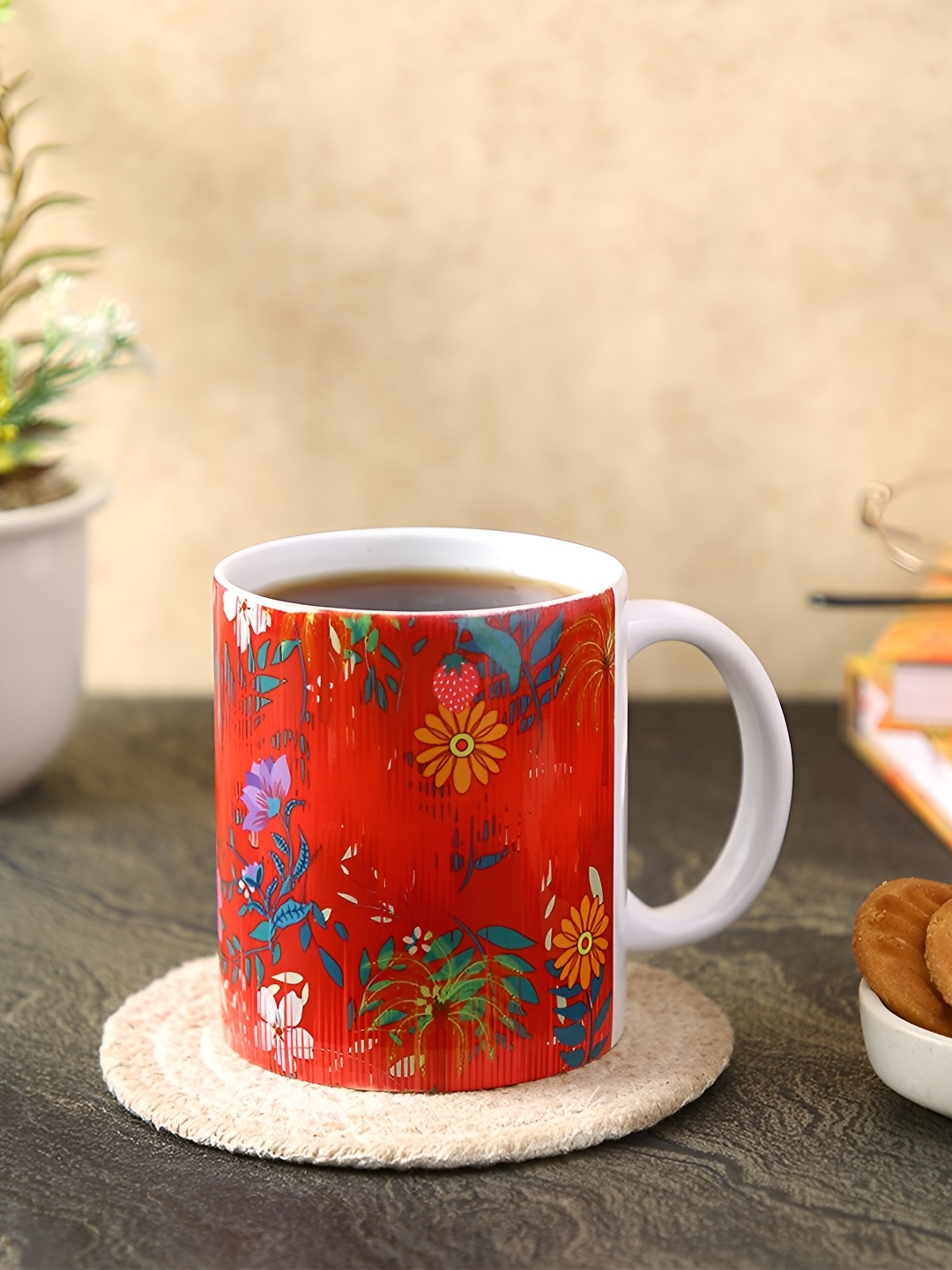 

PENTADECO Red & White Floral Printed Ceramic Glossy Coffee & Tea Mug
