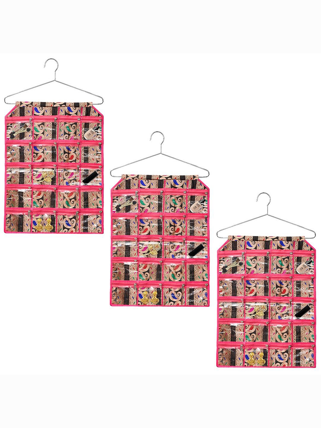 

Kuber Industries Pink & Black 3 Pieces Self Design Multi Utility Hanging Organisers