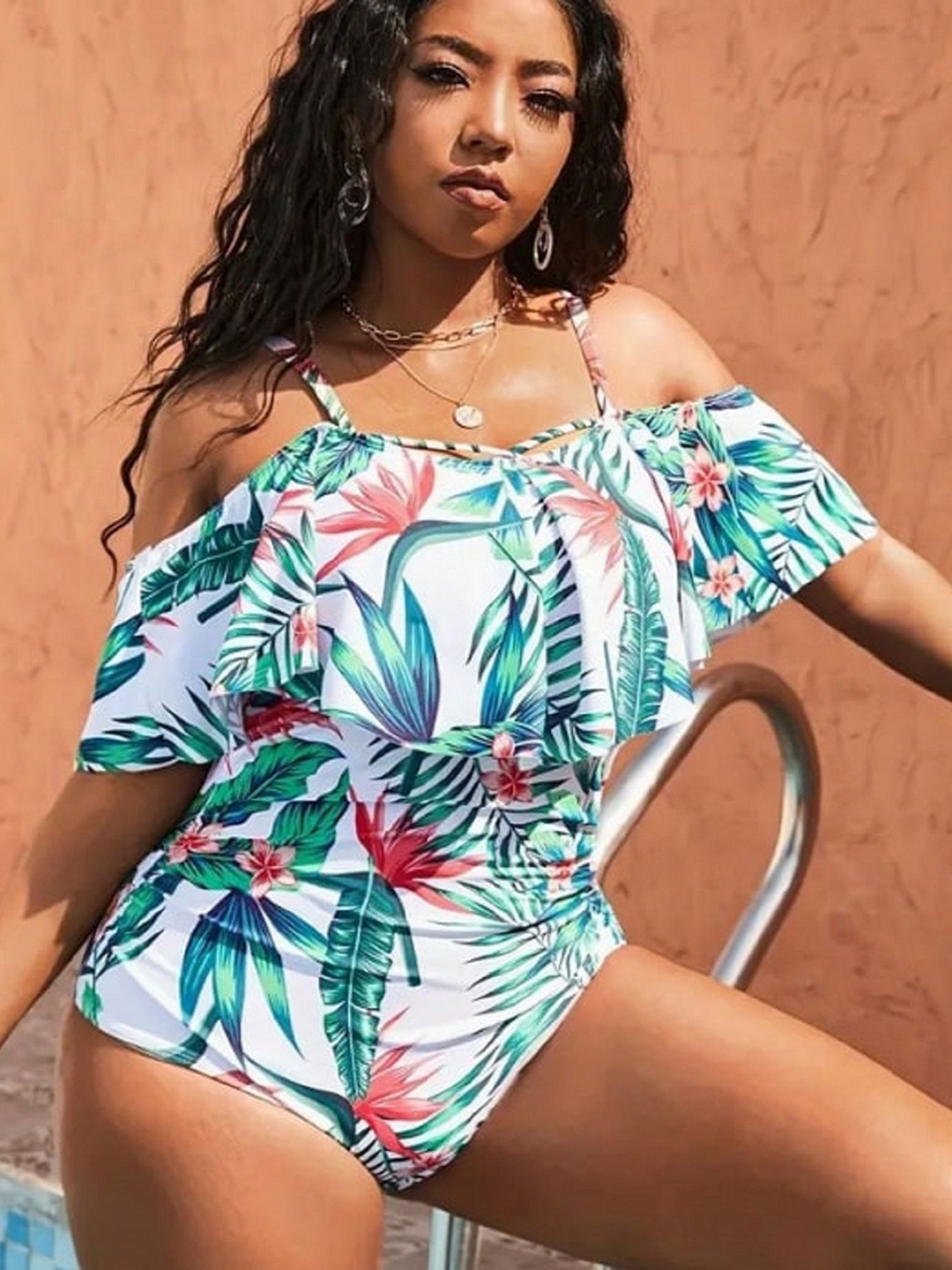 

Plus Curvves Printed Swimwear Bodysuit, White
