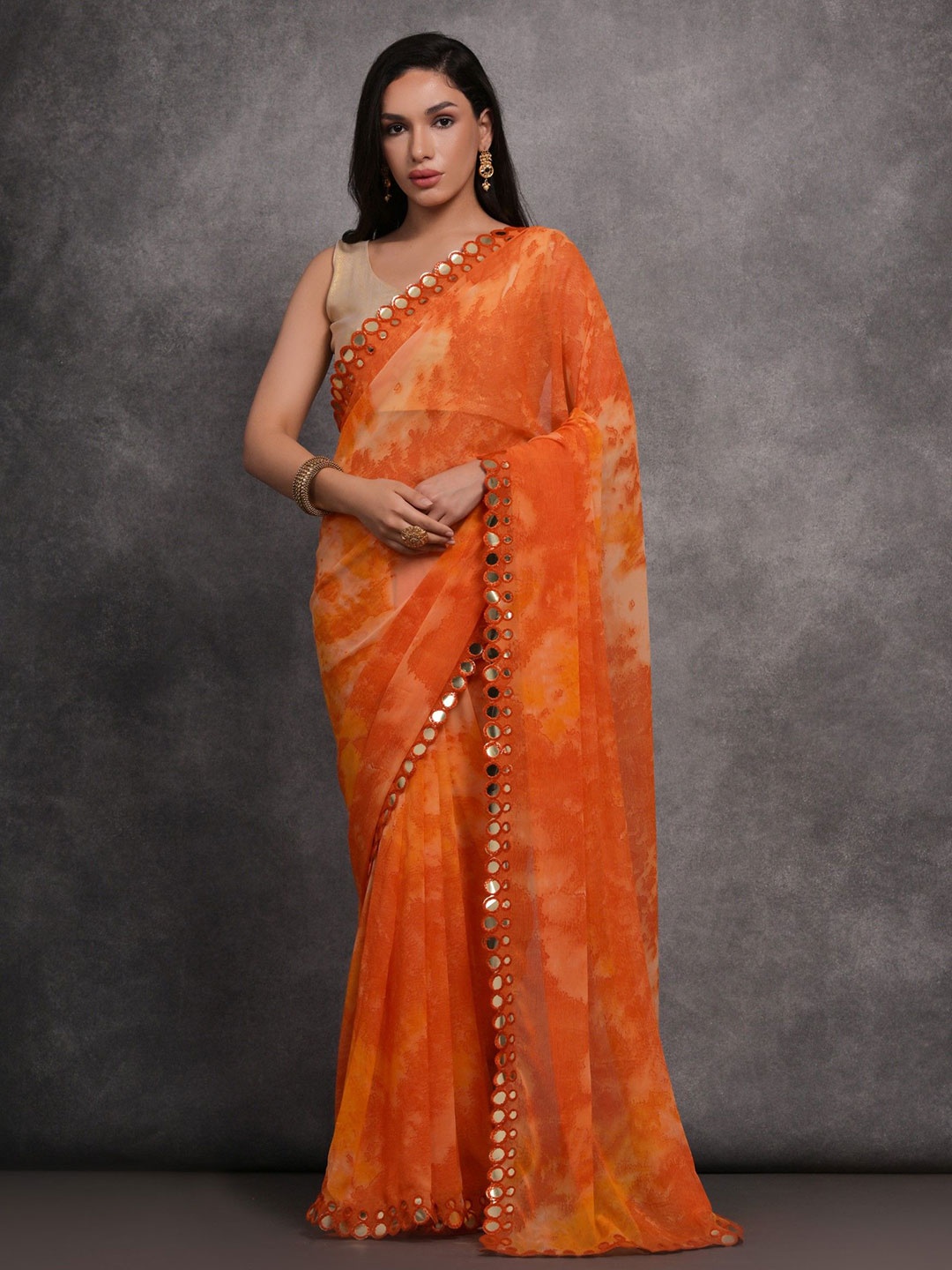 

Panzora Mirror Work Saree, Orange