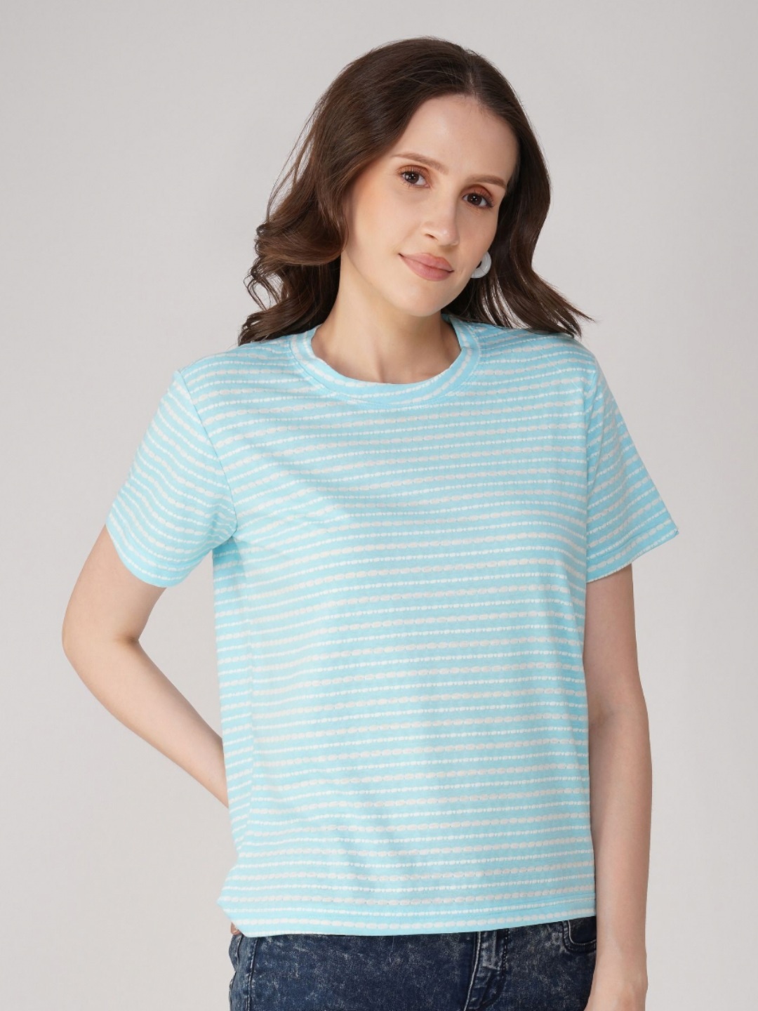 

Street22 Women Bio Finish Striped Round Neck Cotton T-Shirt, Blue