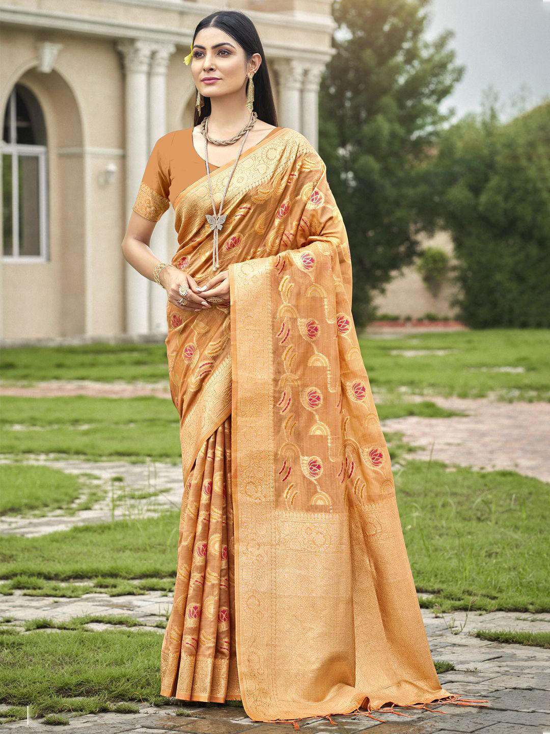 

Ishin Woven Design Zari Organza Saree, Orange
