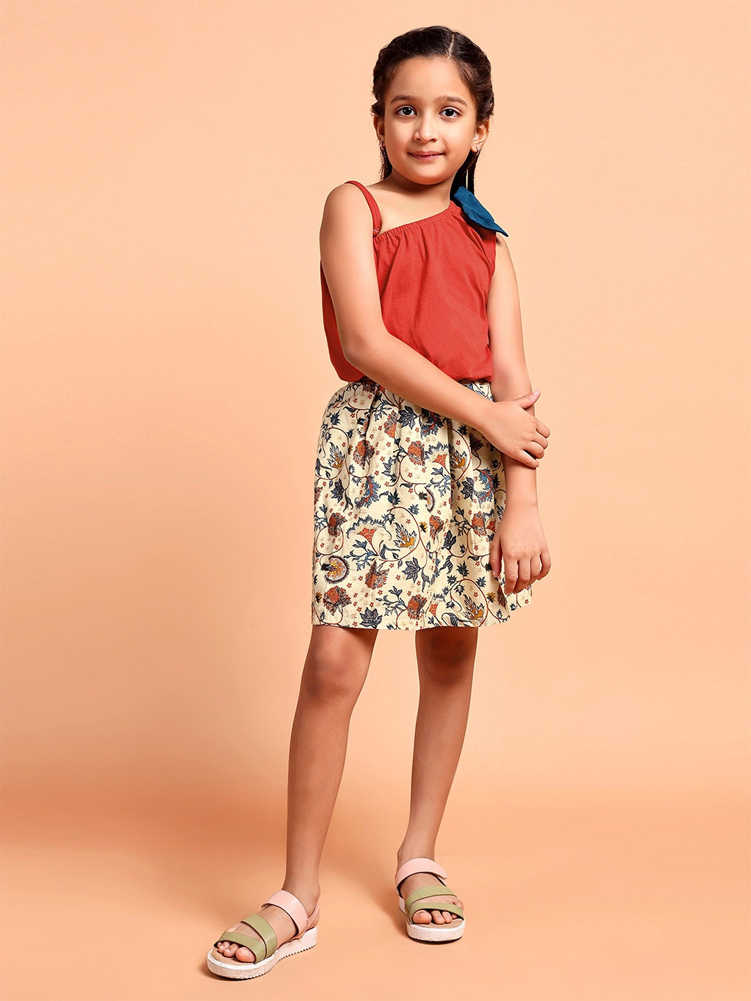 

YK Girls One Shoulder Pure Cotton Top With Floral Printed Skirt, Red