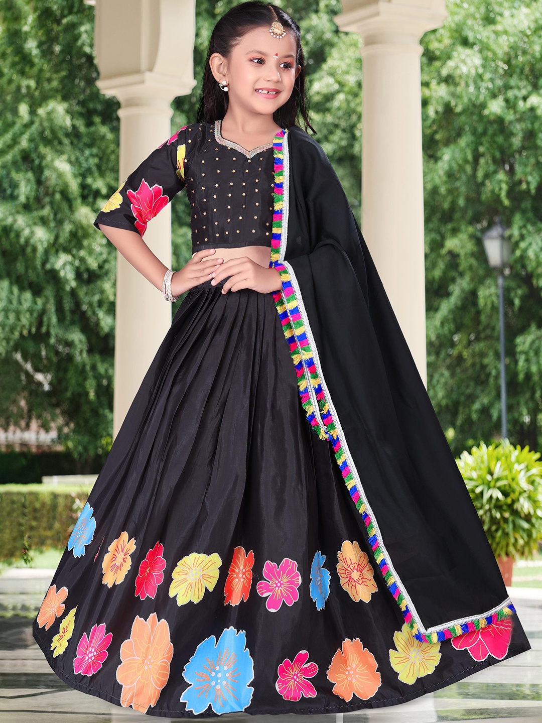 

BAESD Girls Embellished Mirror Work Ready to Wear Lehenga & Blouse With Dupatta, Black