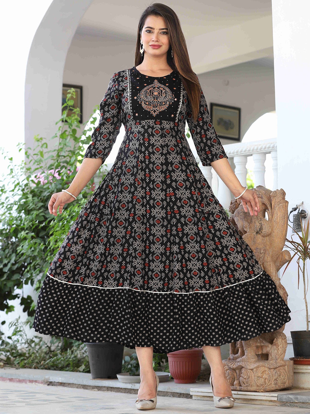 

QBO FASHION Floral Printed Thread Work Anarkali Dress, Black