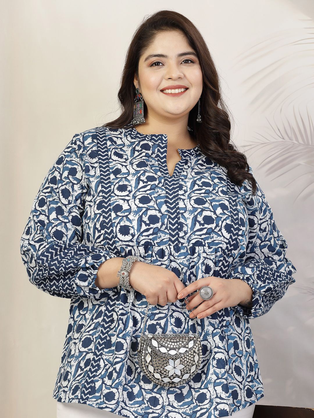 

Little More By Stylum Floral Print Mandarin Collar Puff Sleeve Cotton Top, Navy blue