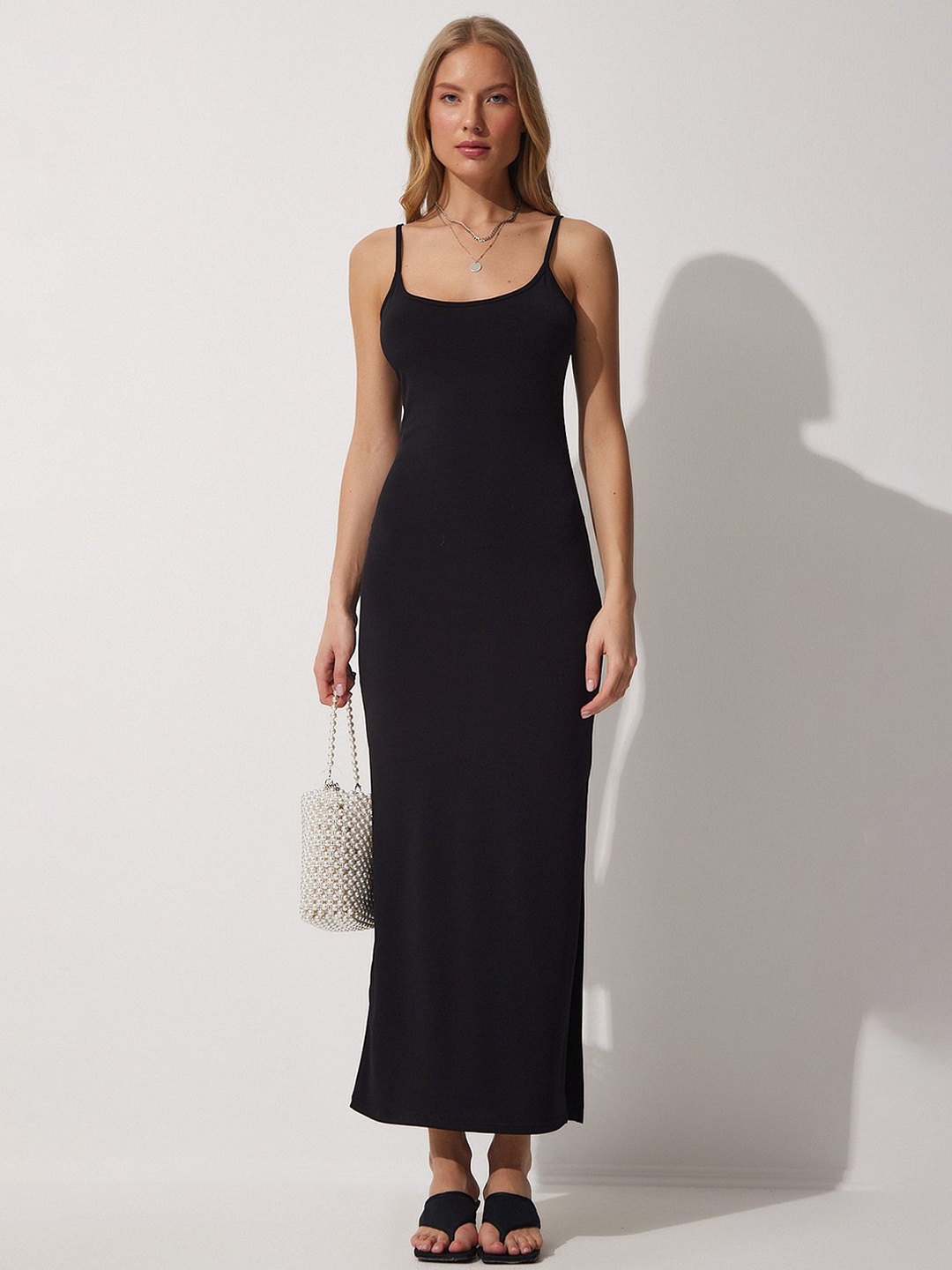 

Happiness istanbul Shoulder Strap Solid Maxi Dress, Black