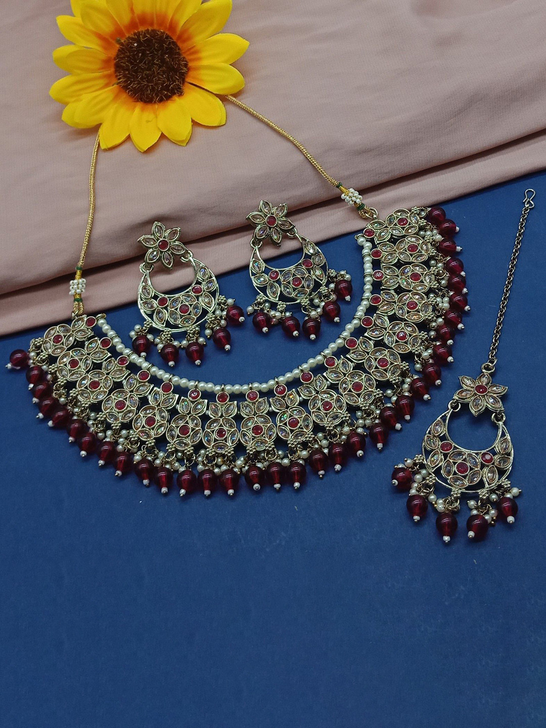 

AASHISH IMITATION Gold-Plated American Diamond Studded Jewellery Set, Pink
