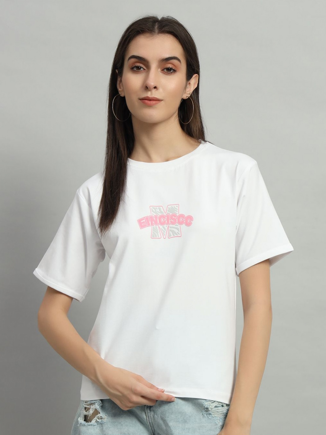 

AECK Women Typography Printed Round Neck Cotton T-Shirt, White