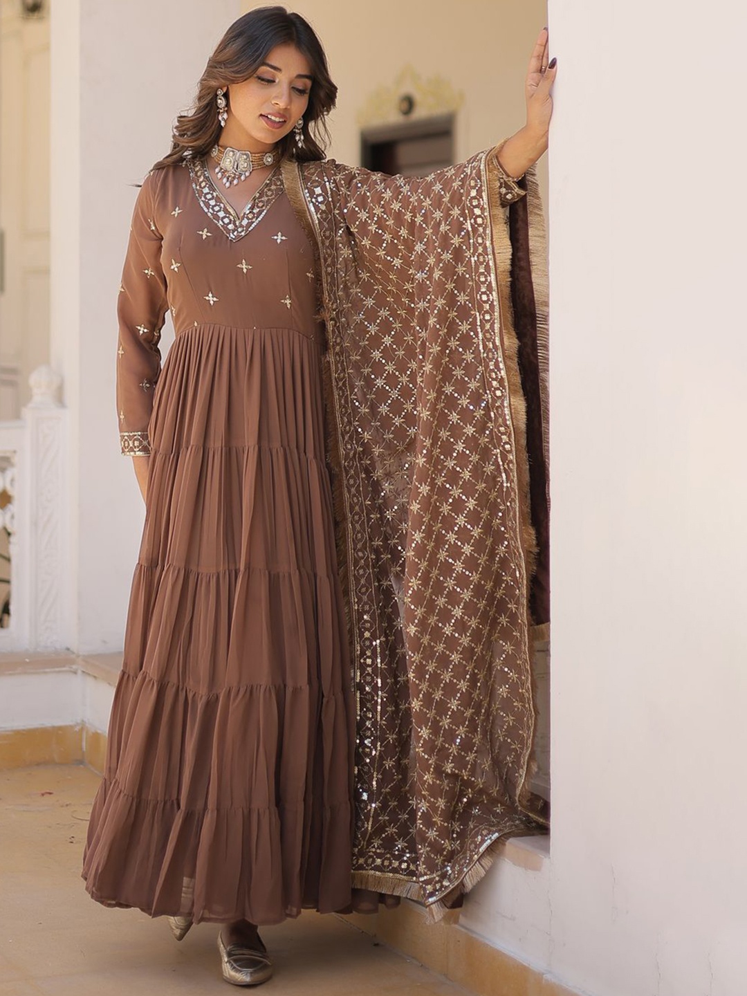 

KALINI Ethnic Motifs Sequinned Indie Prints Georgette Kurta & Dupatta, Brown