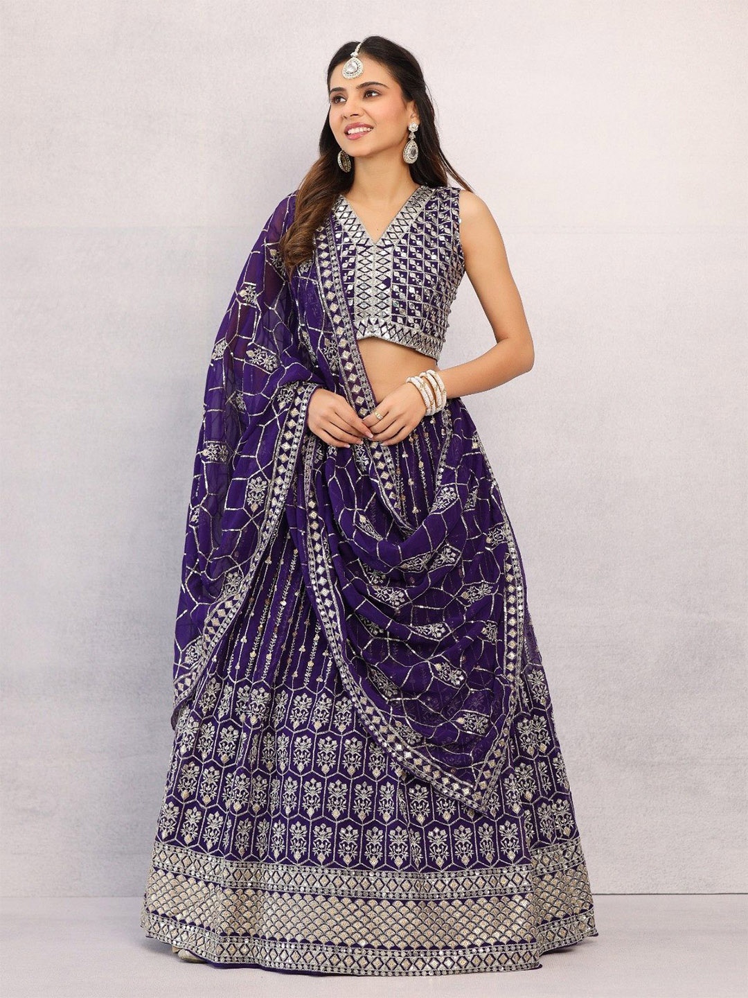 

Futra Gabha Embellished Sequinned Georgette Ready to Wear Lehenga & Blouse With Dupatta, Purple