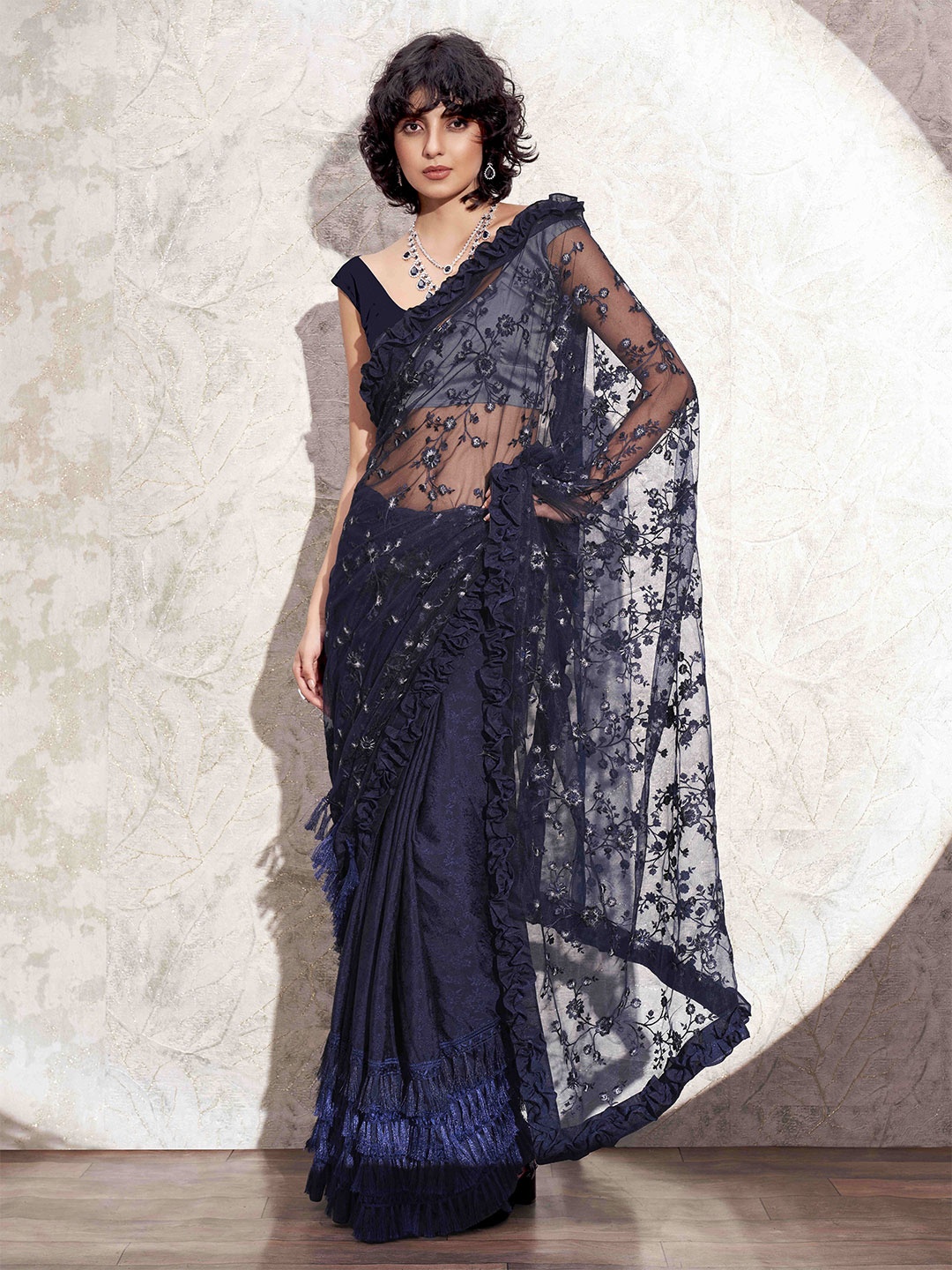 

Tikhi Imli Women Floral Embroidered Saree, Navy blue
