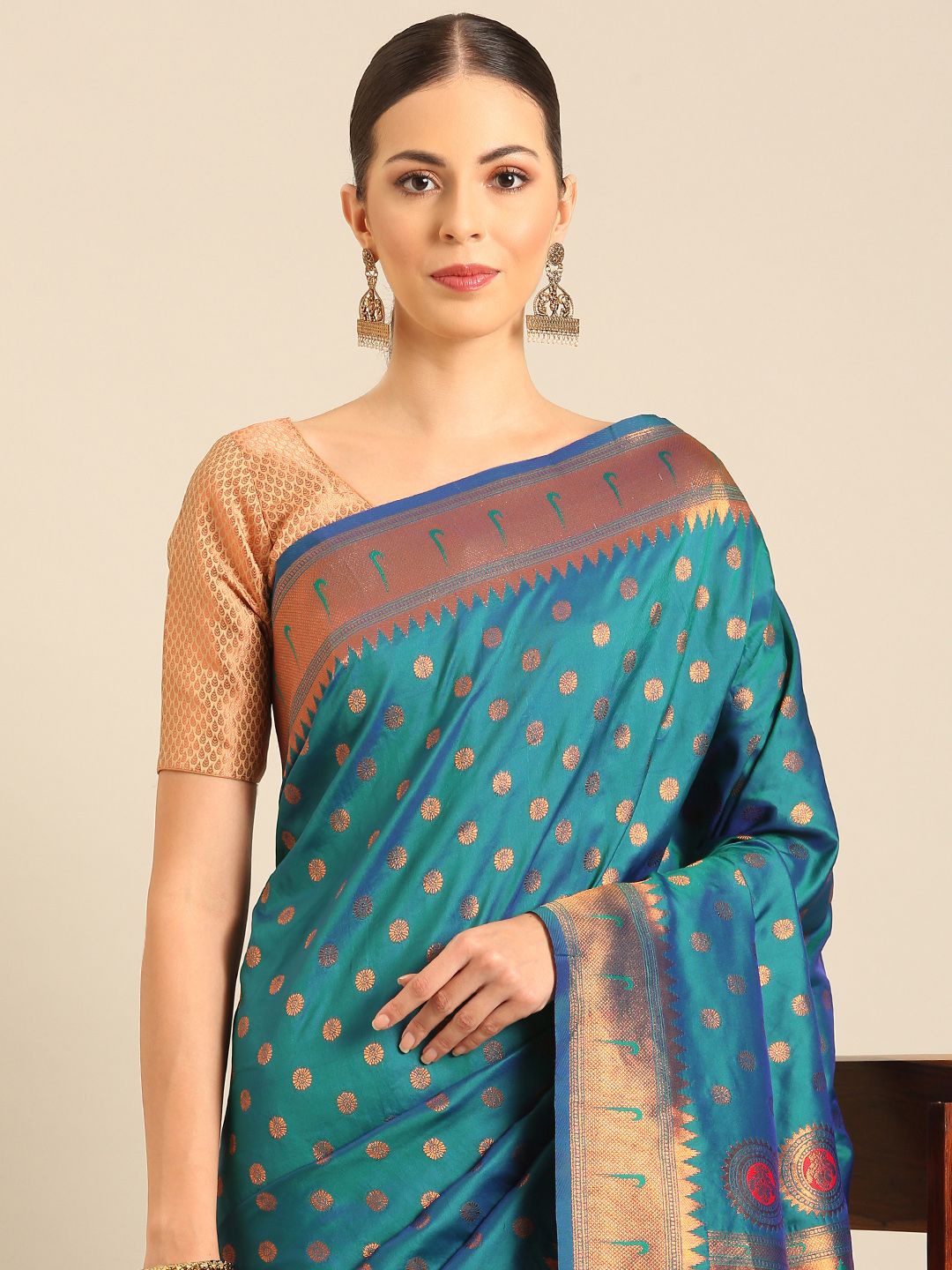 

Ishin Woven Design Floral Printed Zari Saree, Turquoise blue
