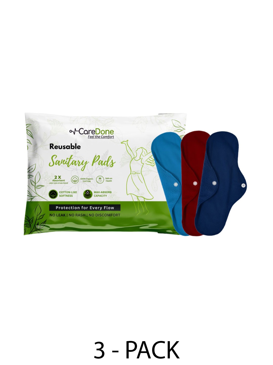 

CareDone Set Of 3 Reusable 100% Organic Cotton Sanitary Cloth Pads - XL, Blue