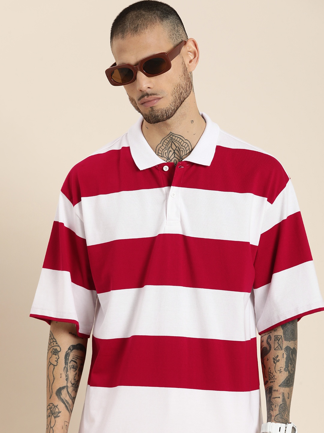 

HERE&NOW Colourblocked Polo Collar Drop-Shoulder Sleeves T-shirt, Red