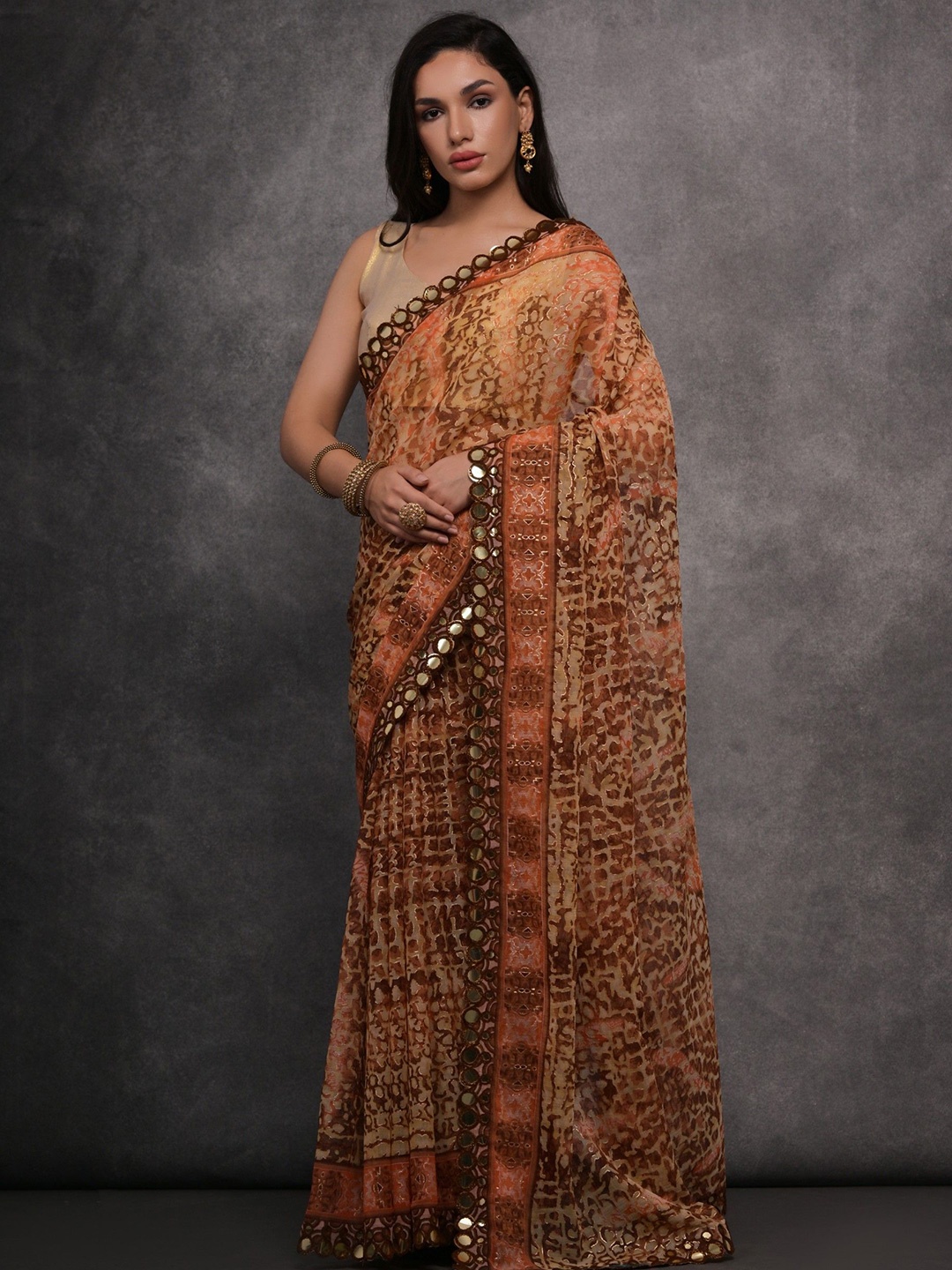 

Panzora Mirror Work Saree, Orange