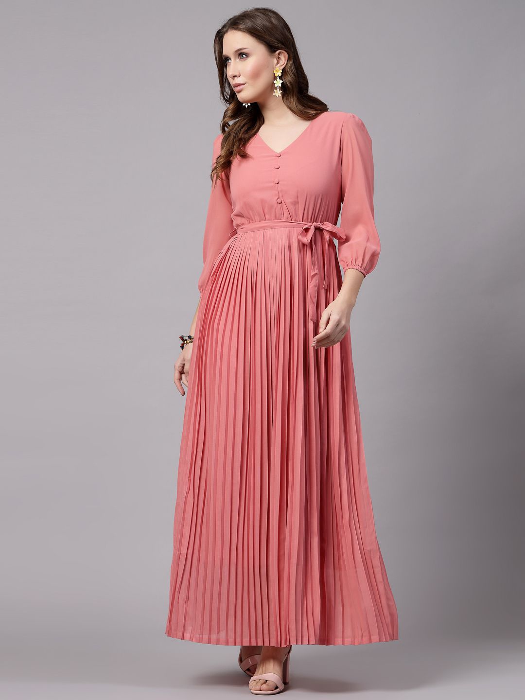 

aayu Puff Sleeve Fit & Flare Maxi Dress, Peach