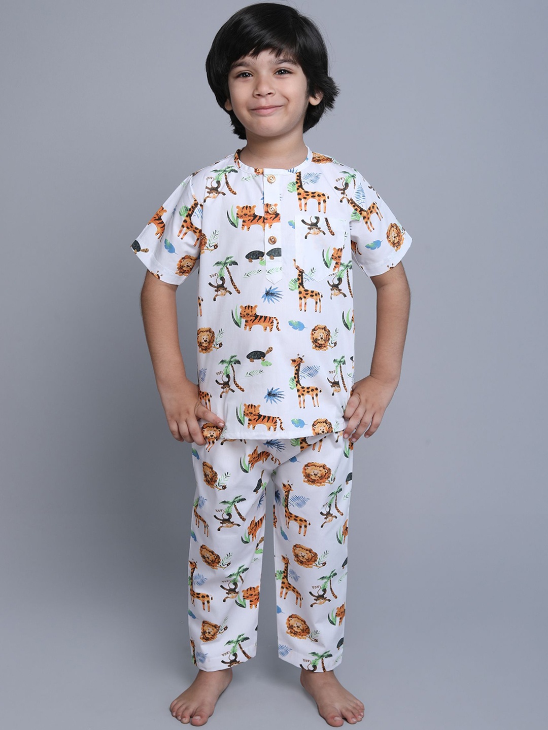 

Little Clothings Boys pure cotton animal graphic Night suit, White