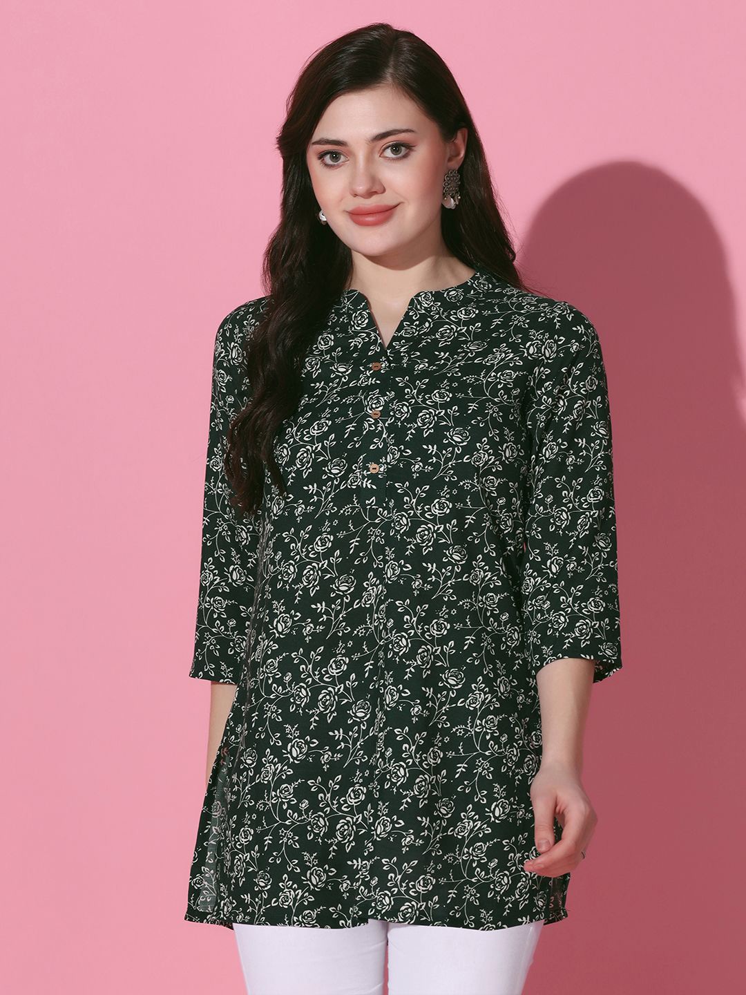 

BAESD Floral Print Mandarin Collar Cotton Top, Green