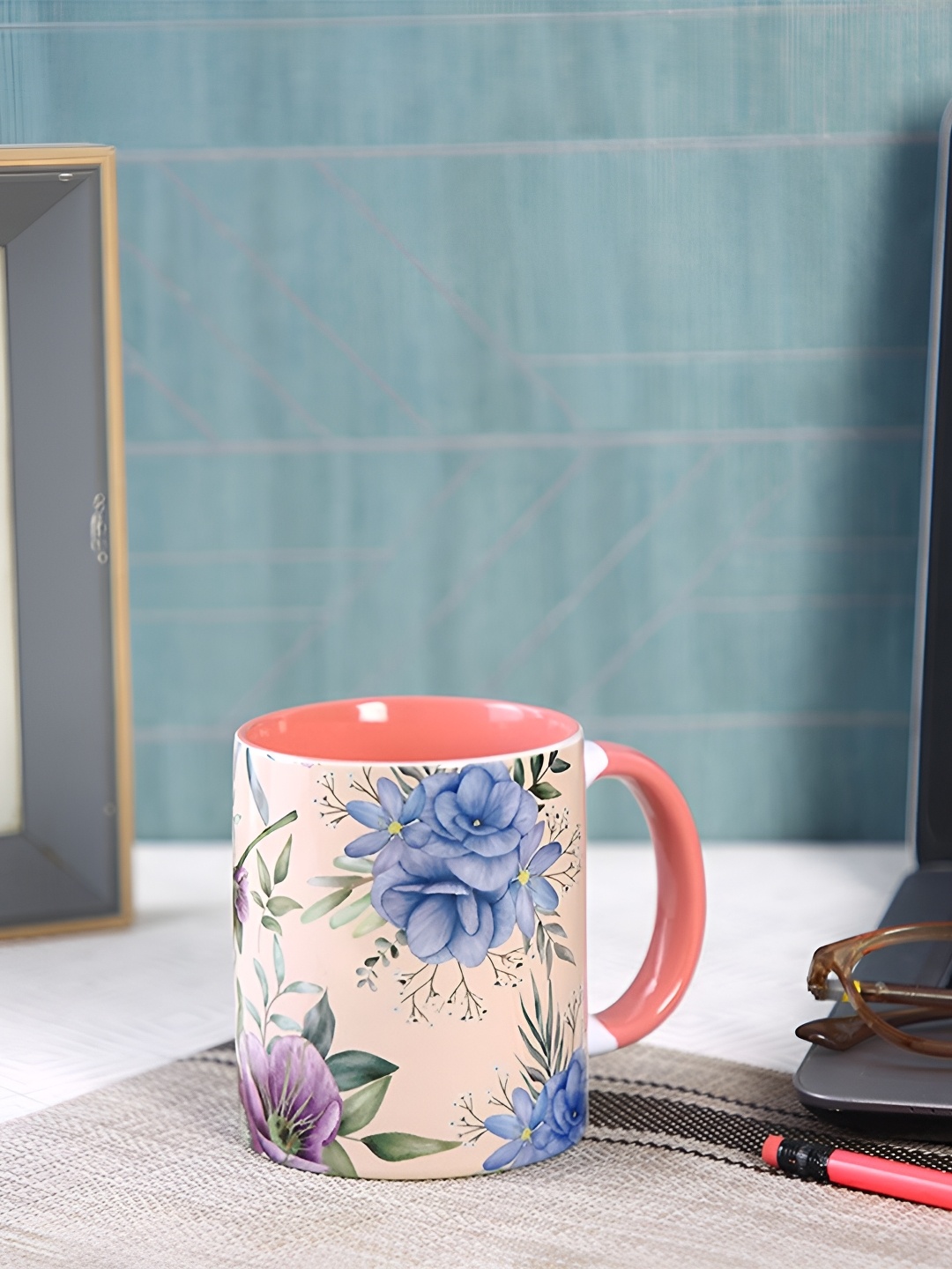

PENTADECO Peach-Coloured & Blue Printed Ceramic Glossy Coffee Mug