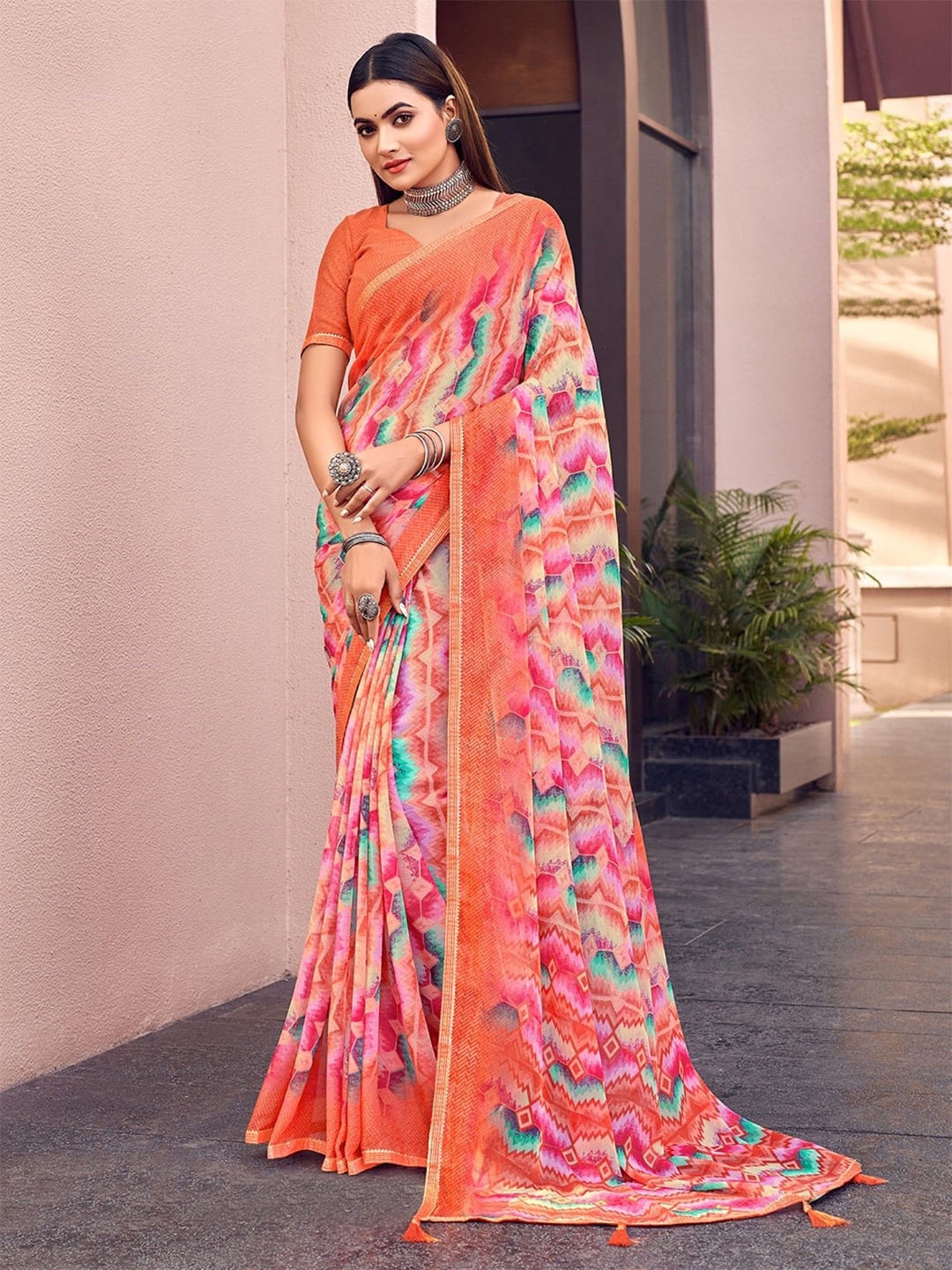 

Panzora Zari Poly Chiffon Saree, Orange