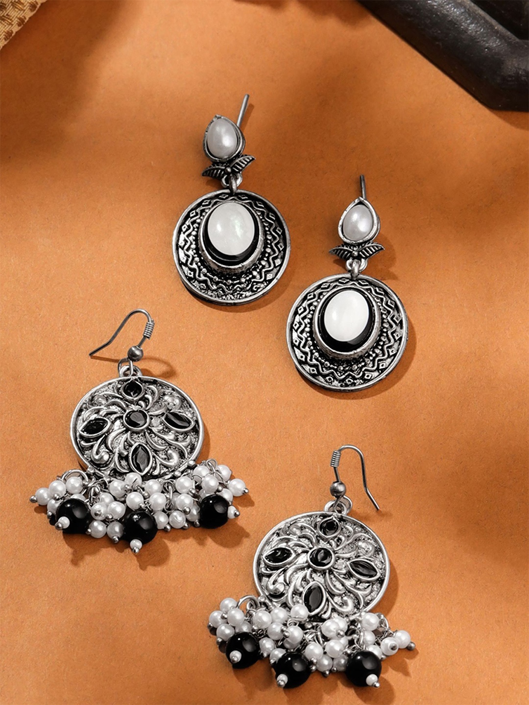 

Yellow Chimes Set Of 2 Silver Plated Oxidized Drop Earrings