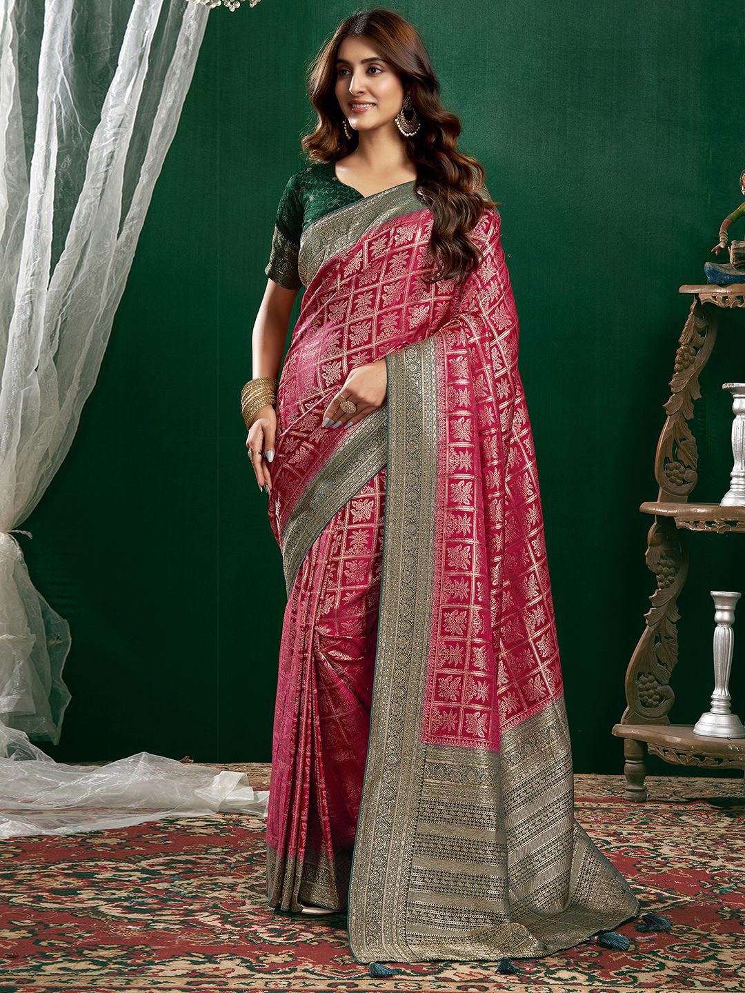 

Satrani Woven Design Satin Patola Saree, Green