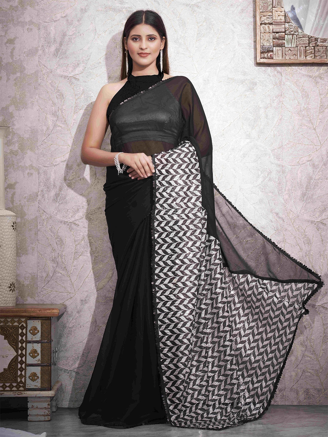 

Tikhi Imli Embellished Sequinned Satin Saree, Black