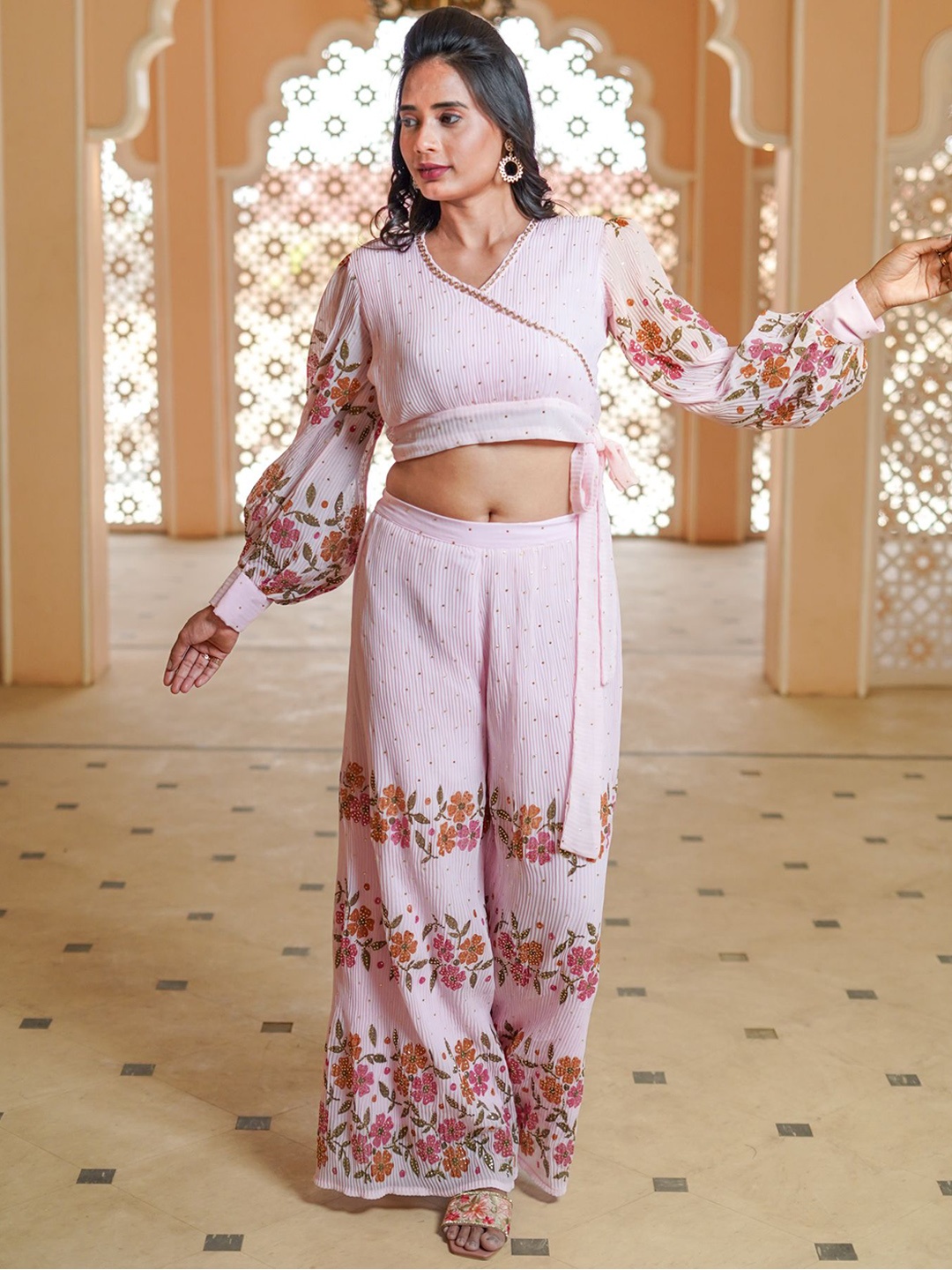 

GO BOUJEE Floral Printed Overlap Crushed Top With Palazzo, Pink