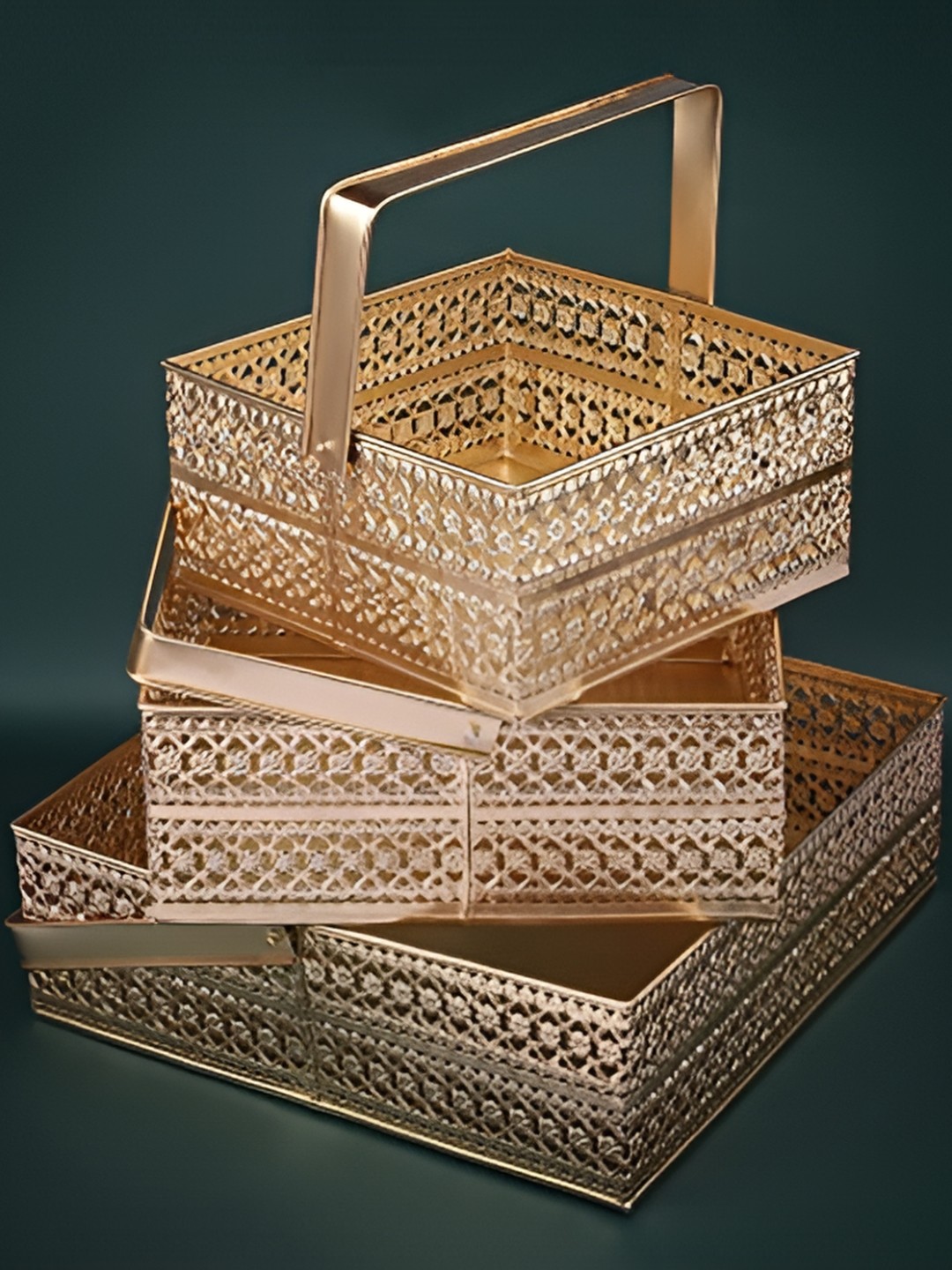 

e kysa 3 Pieces Metal Sheet Multipurpose Fancy Basket, Gold