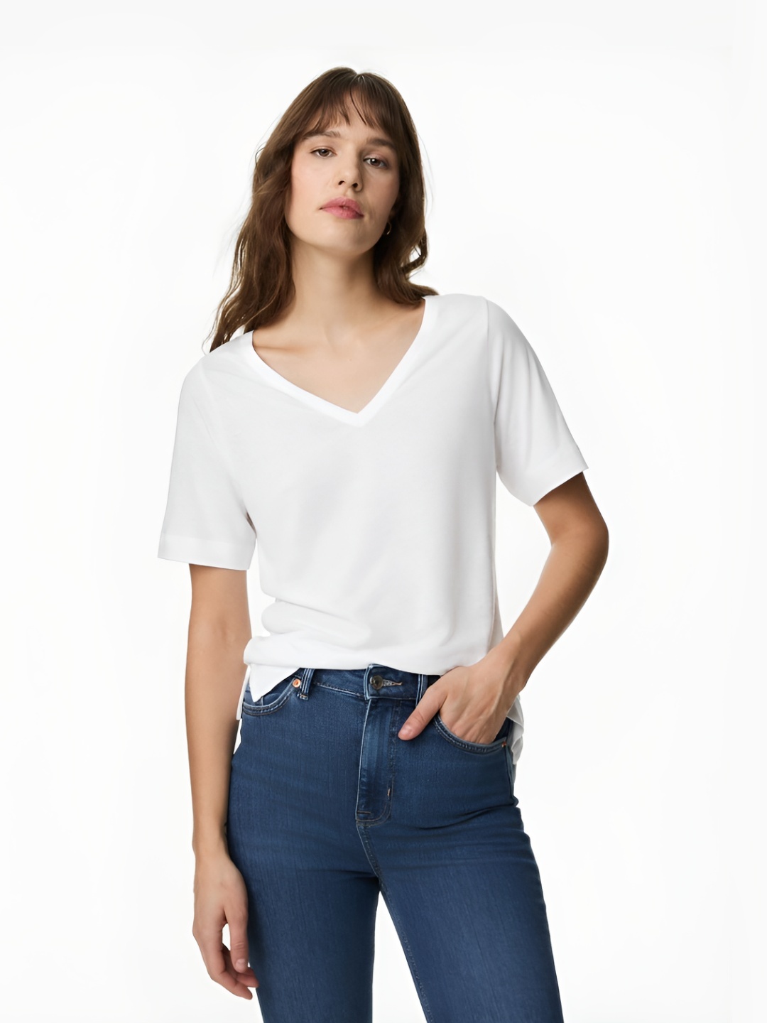 

Marks & Spencer Women Solid V-Neck Linen Oversized T-Shirt, White