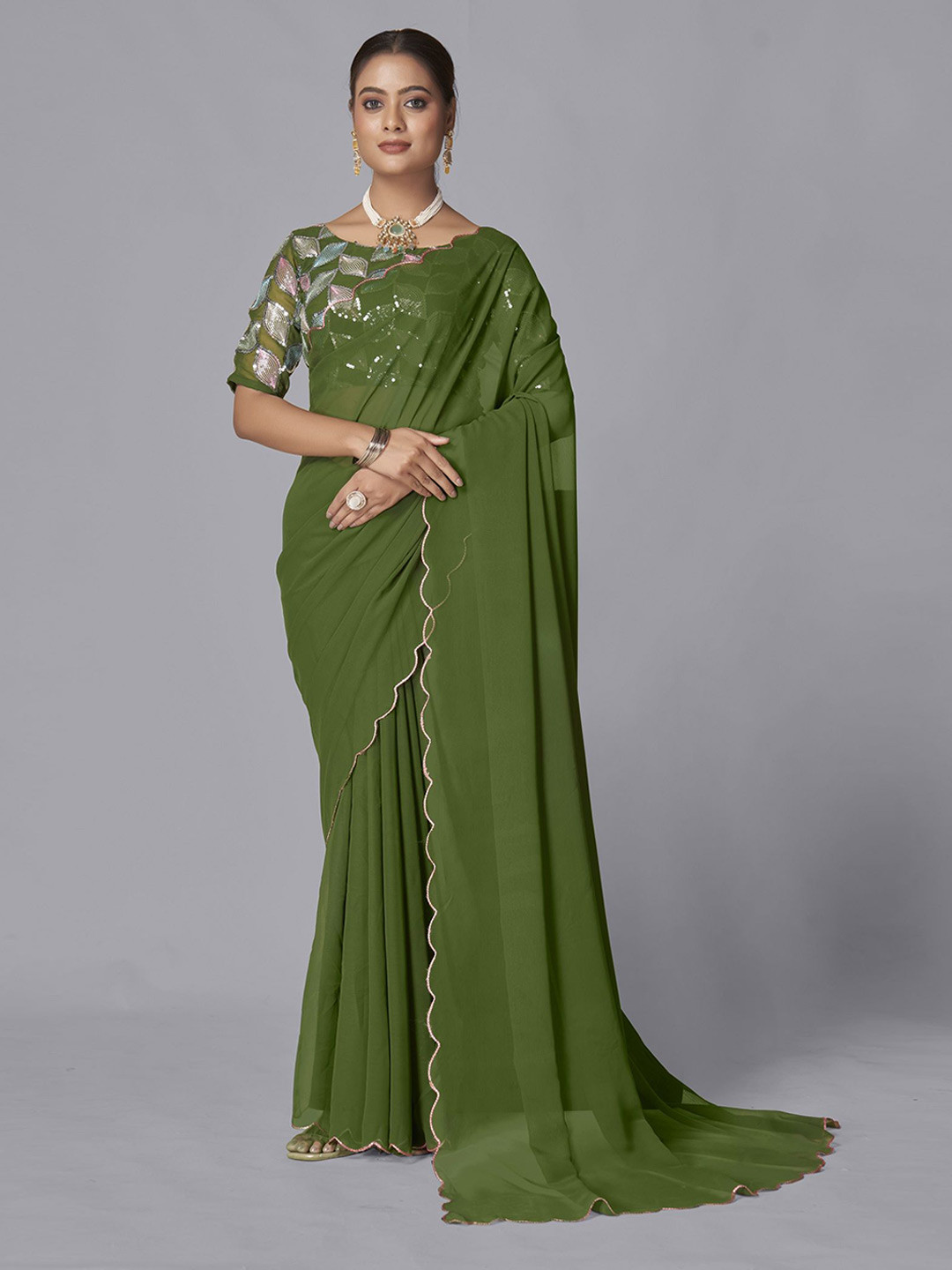 

Aika Embroidered Pure Georgette Saree, Green
