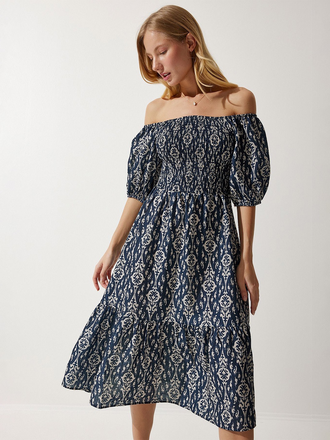 

Happiness istanbul Women Ethnic Motifs Printed Fit and Flare Dress, Navy blue
