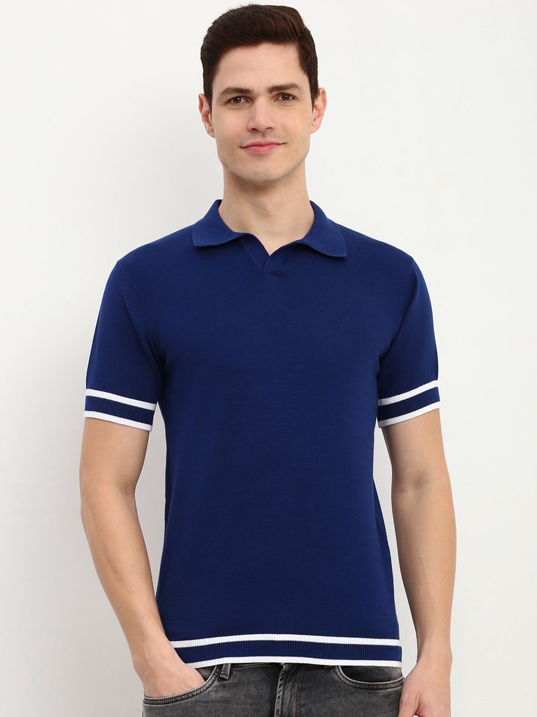 

Allen Solly Men Solid Nautical Polo Collar Cotton T-shirt, Navy blue