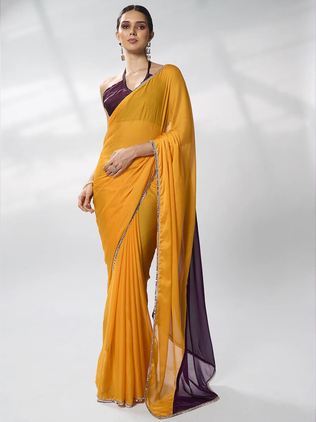 

Mitera Colourblocked Sequinned Pure Chiffon Ready to Wear Saree, Mustard