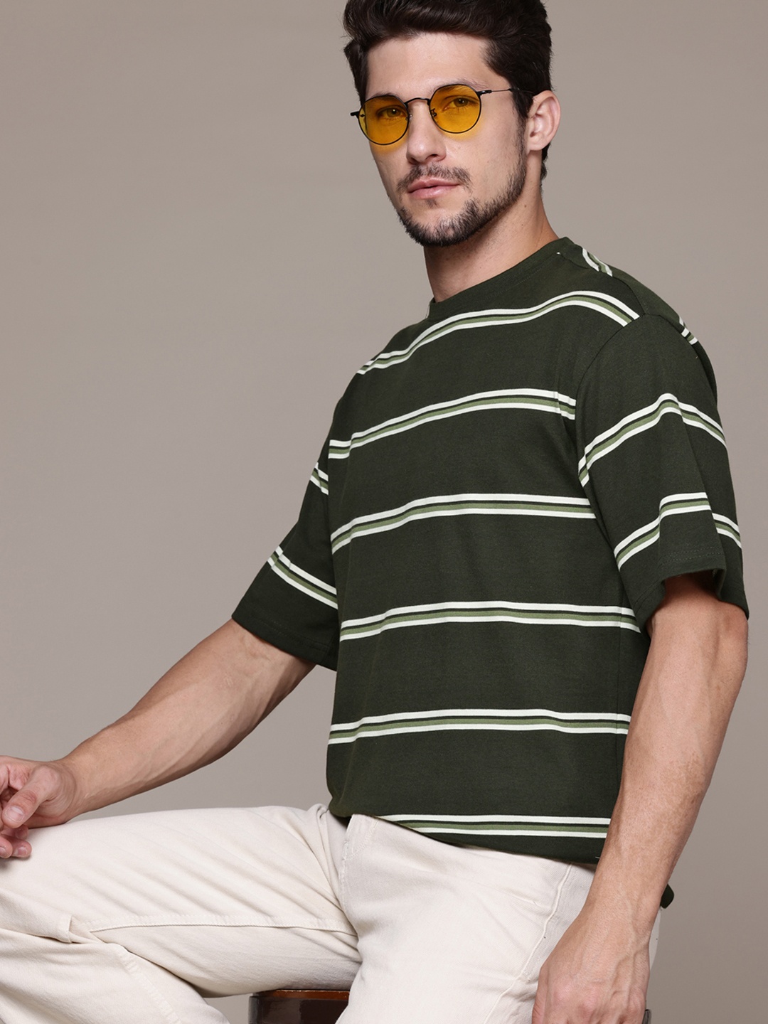 

The Roadster Lifestyle Co. Striped Drop-Shoulder Sleeves T-shirt, Olive