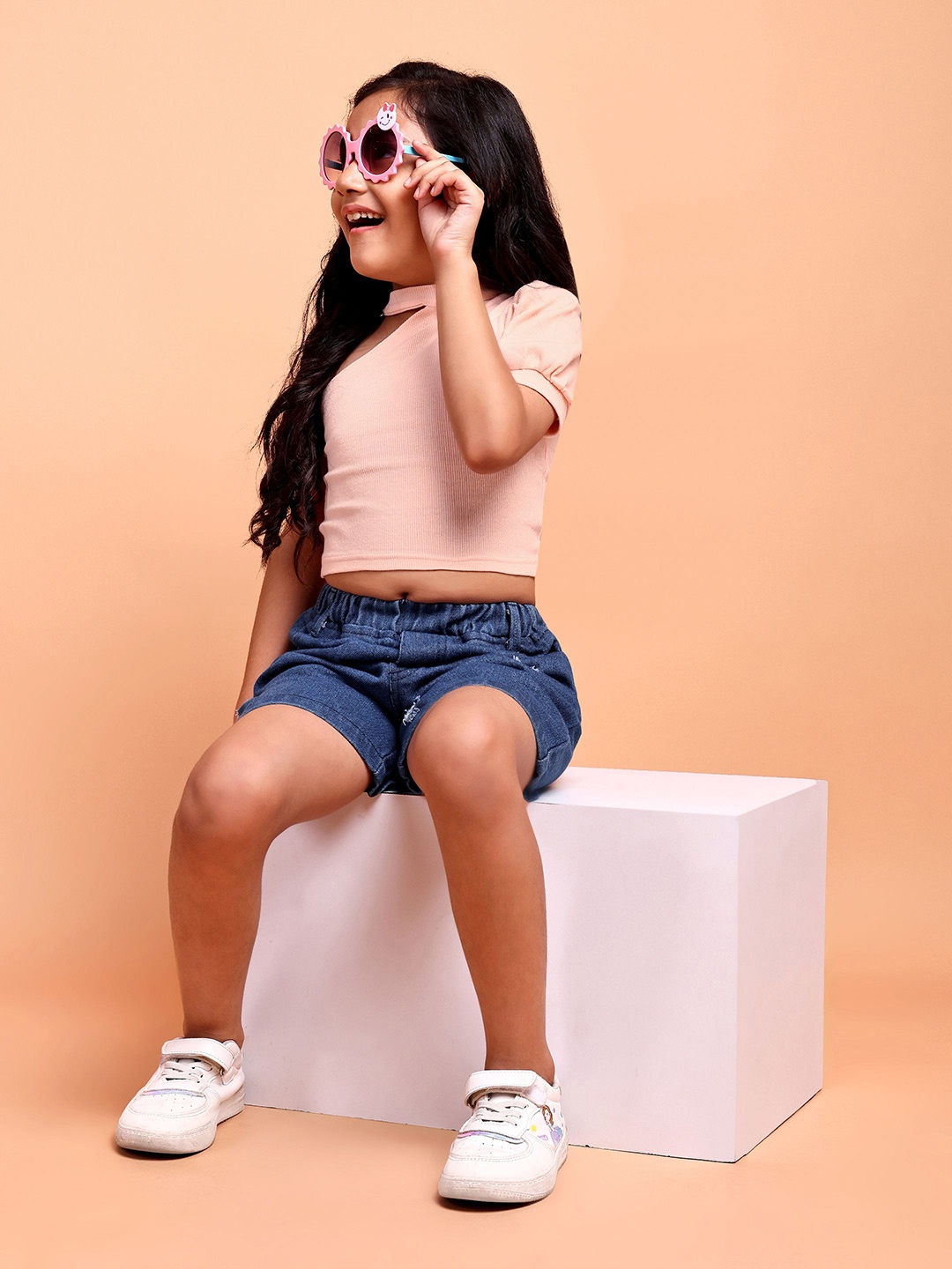 

YK Girls One Shoulder Ribbed Pure Cotton Top With Denim Shorts, Pink