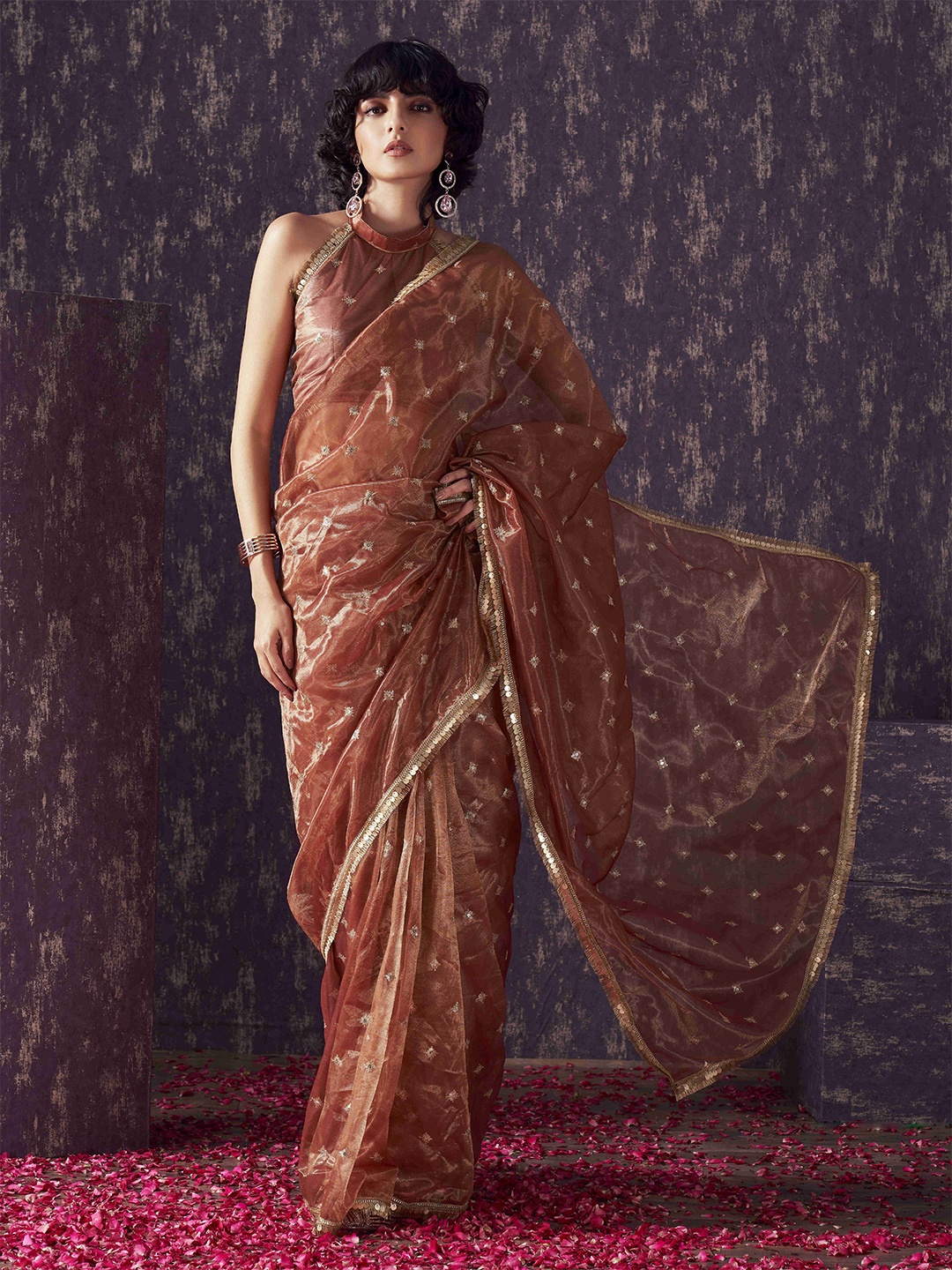 

Tikhi Imli Embellished Sequinned shimmer net saree with sequence embroidery, Rust