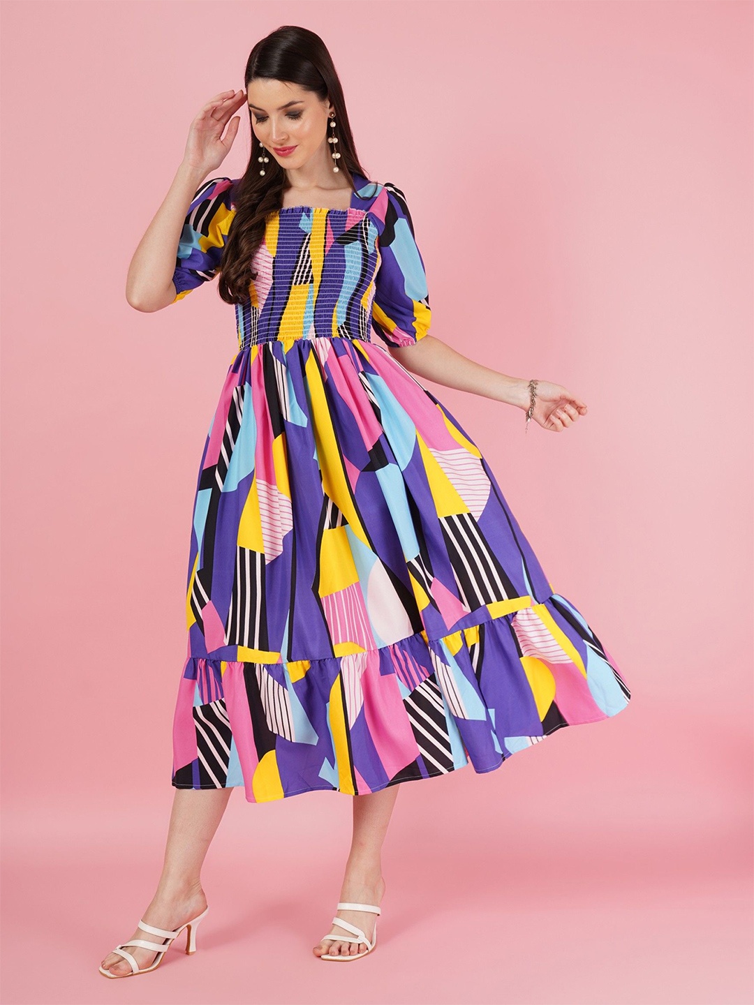 

Femvy Print Puff Sleeve Fit & Flare Dress, Multi