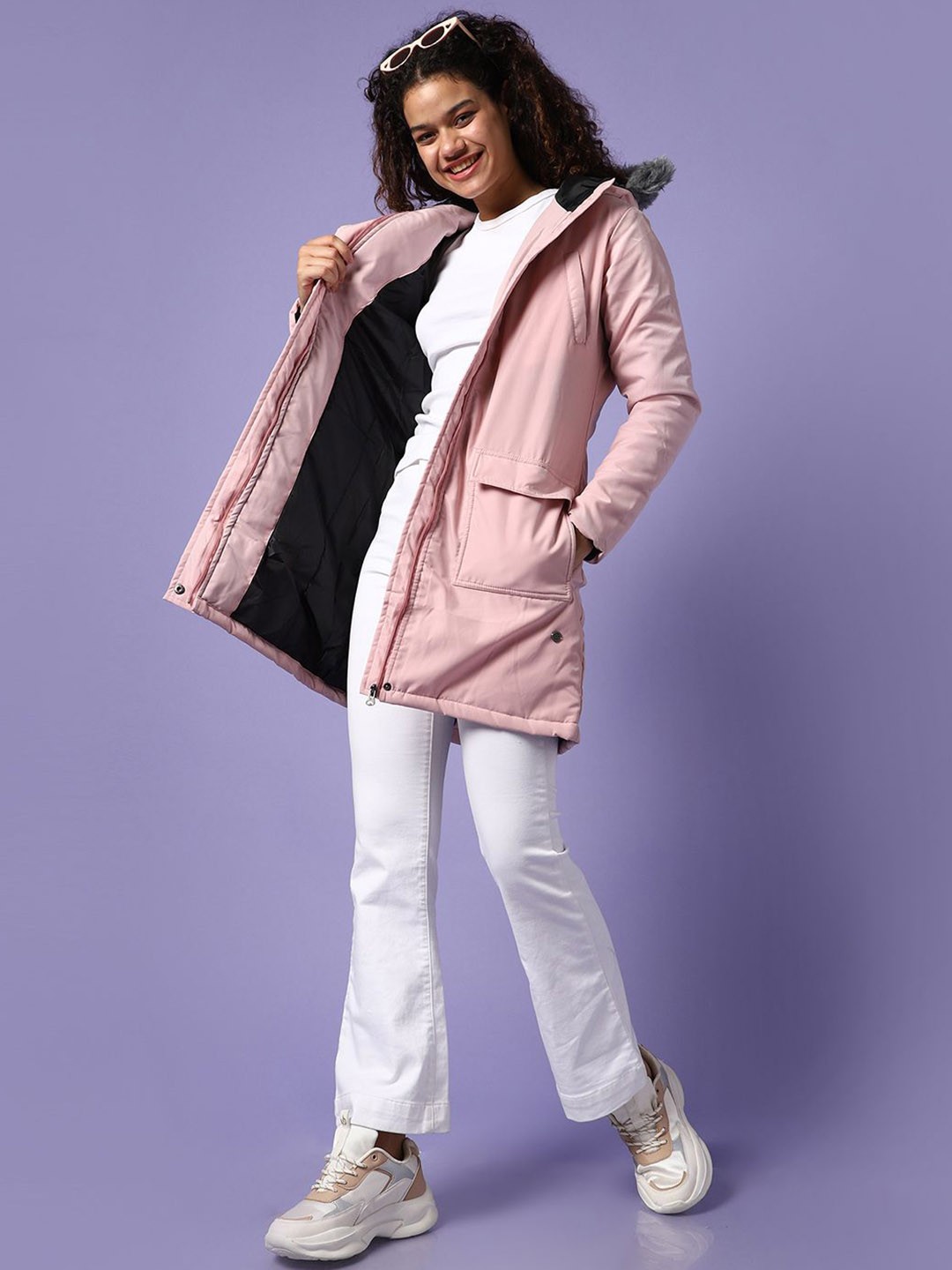 

Campus Sutra Women Windcheater Outdoor Bomber with Patchwork Jacket, Peach