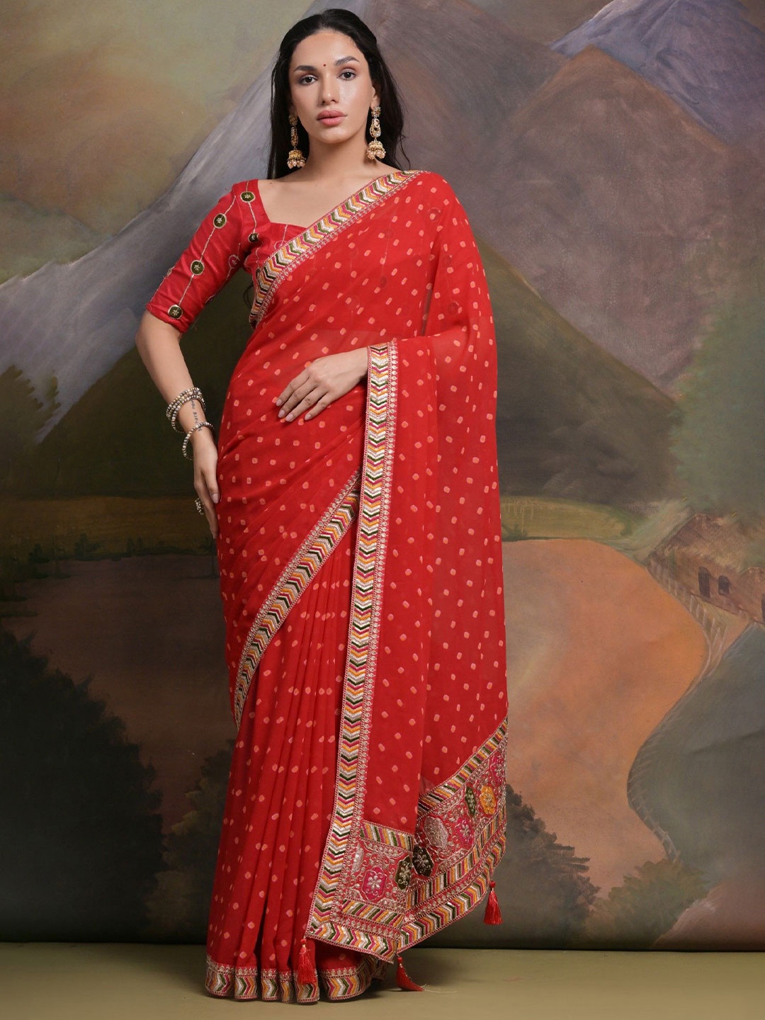 

Panzora Bandhani Printed Embroidered Saree, Red