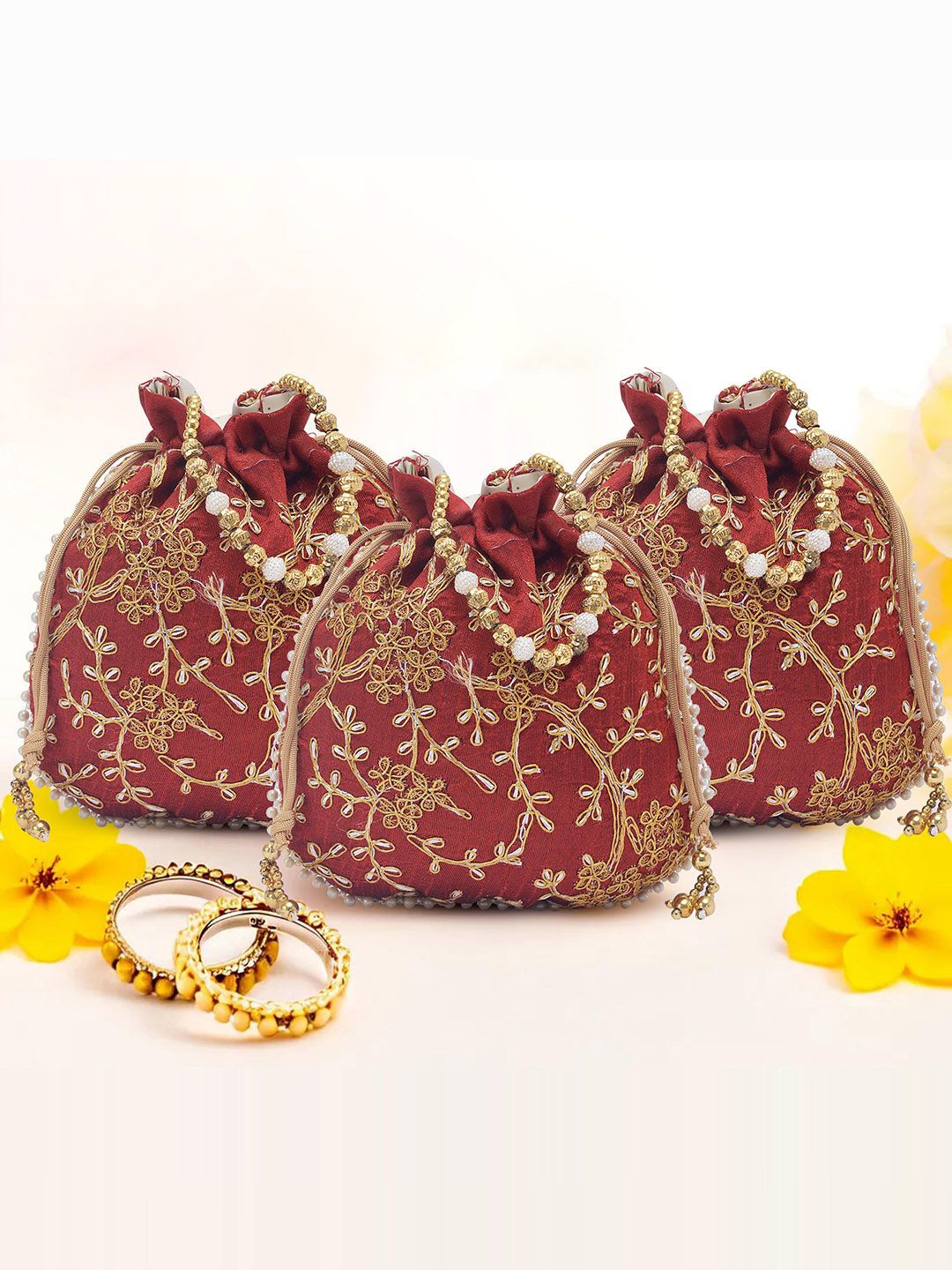 

Kuber Industries Set Of 3 Embroidered Potli Clutches, Red