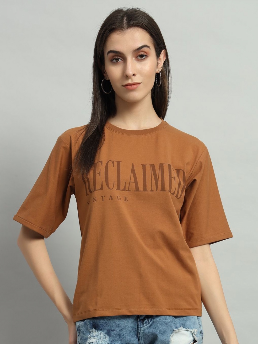 

AECK Women Typography Printed Round Neck Cotton T-Shirt, Tan