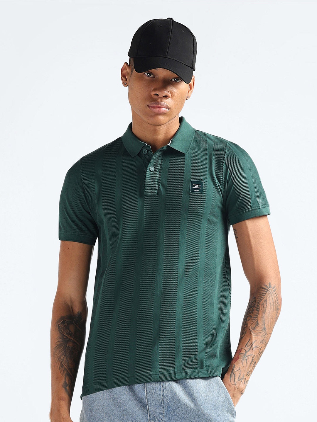 

Flying Machine Striped Patterned Polo Collar Short Sleeves Regular Fit T-shirt, Green