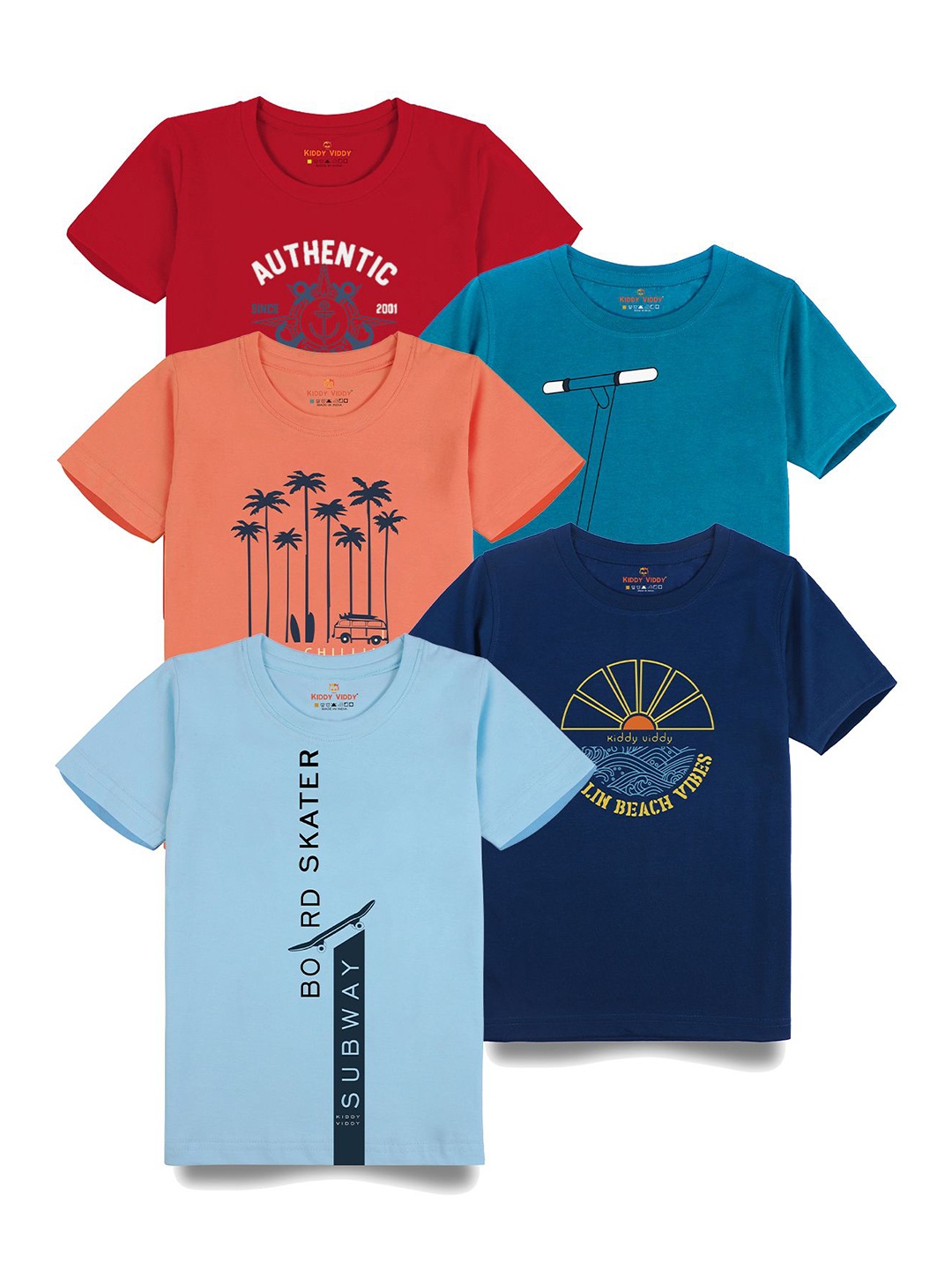 

AUSK Boys Pack Of 5 Graphic Printed Round Neck Cotton T-Shirts, Peach