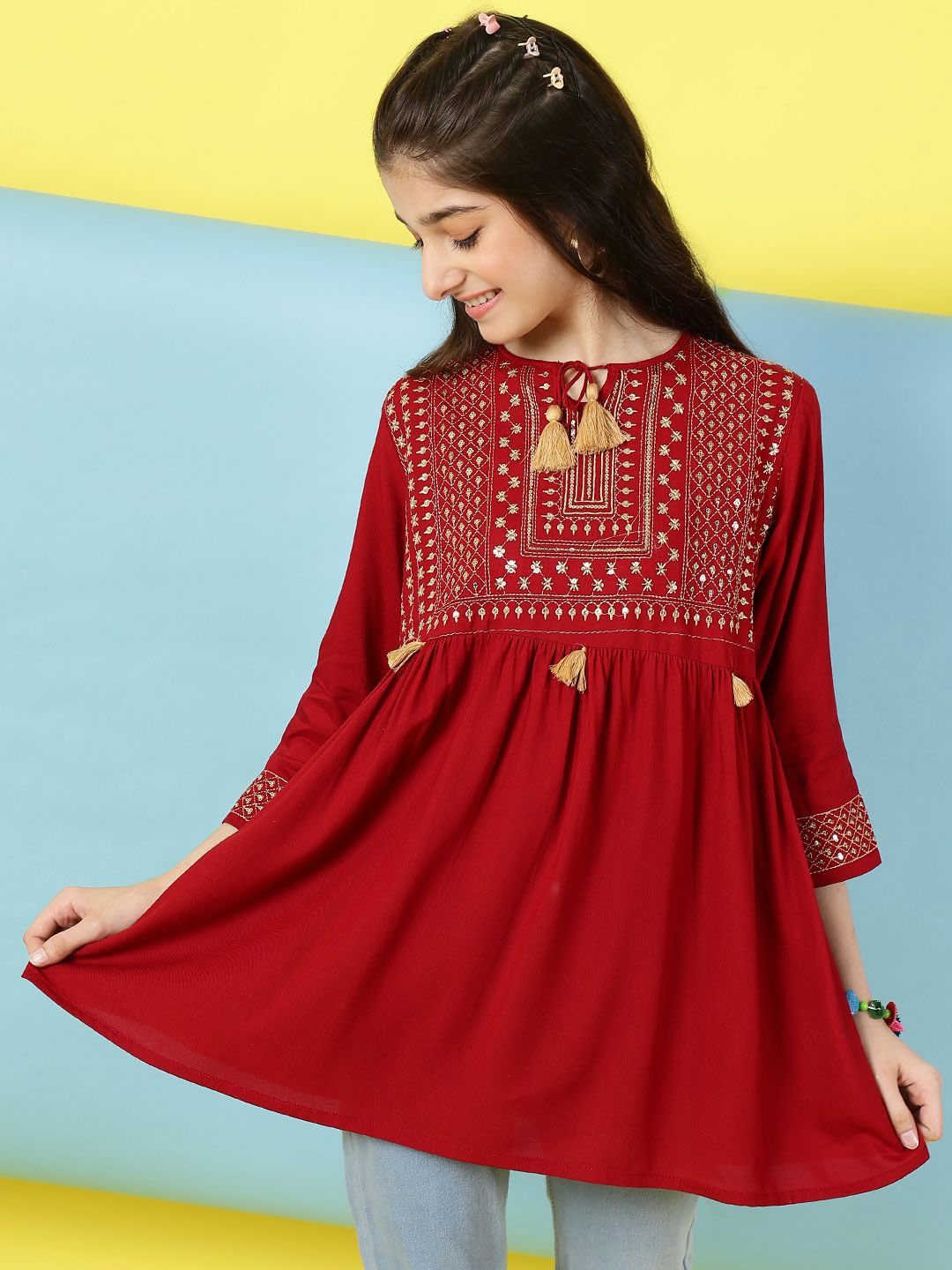 

BAESD Embroidered Keyhole Neck Top, Maroon