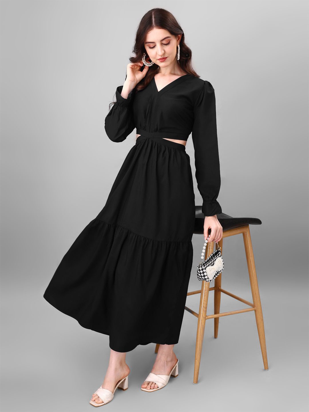 

Femvy Fit & Flare Long Sleeves Solid V-Neck Maxi Dress, Black