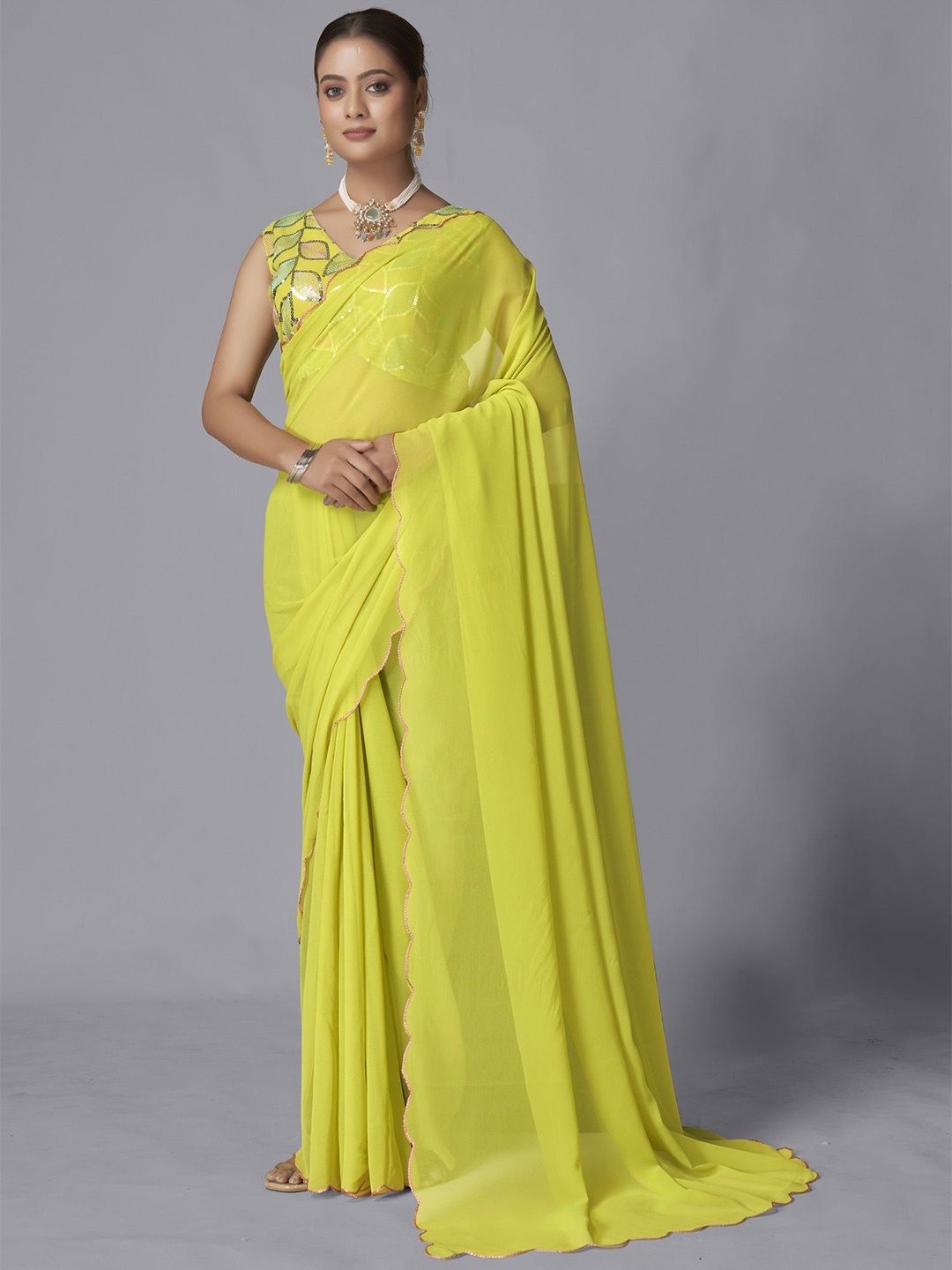 

Aika Pure Georgette zari Saree, Olive